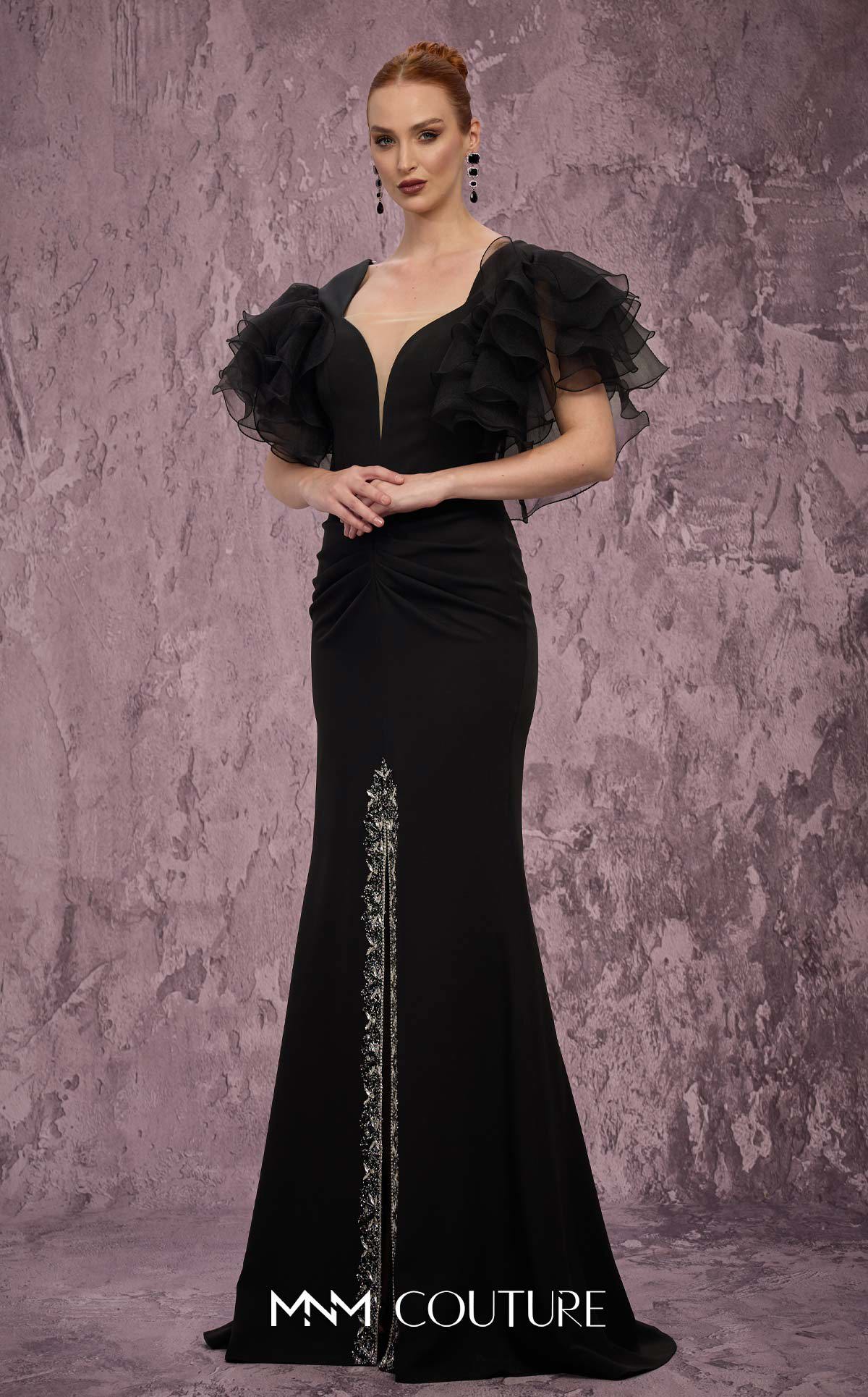 V-Neck Long Velvet Evening Gown by MNM Couture Q8022 in Black