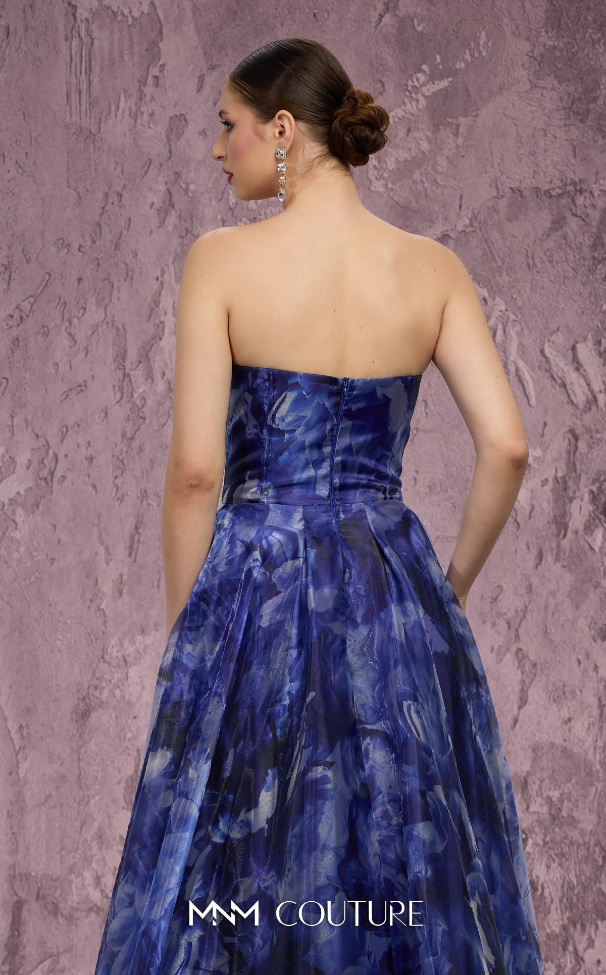 Strapless Long Floral Prom Dress by MNM Couture Q9060 in Navy/Blue