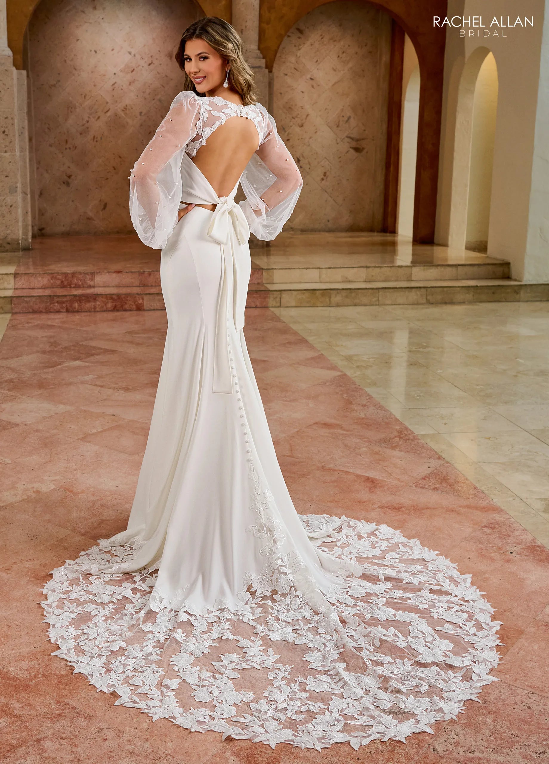 Ivory Sweetheart Floor-Length Crepe Bridal Gown Bishop Sleeves Rachel Allan RB5061