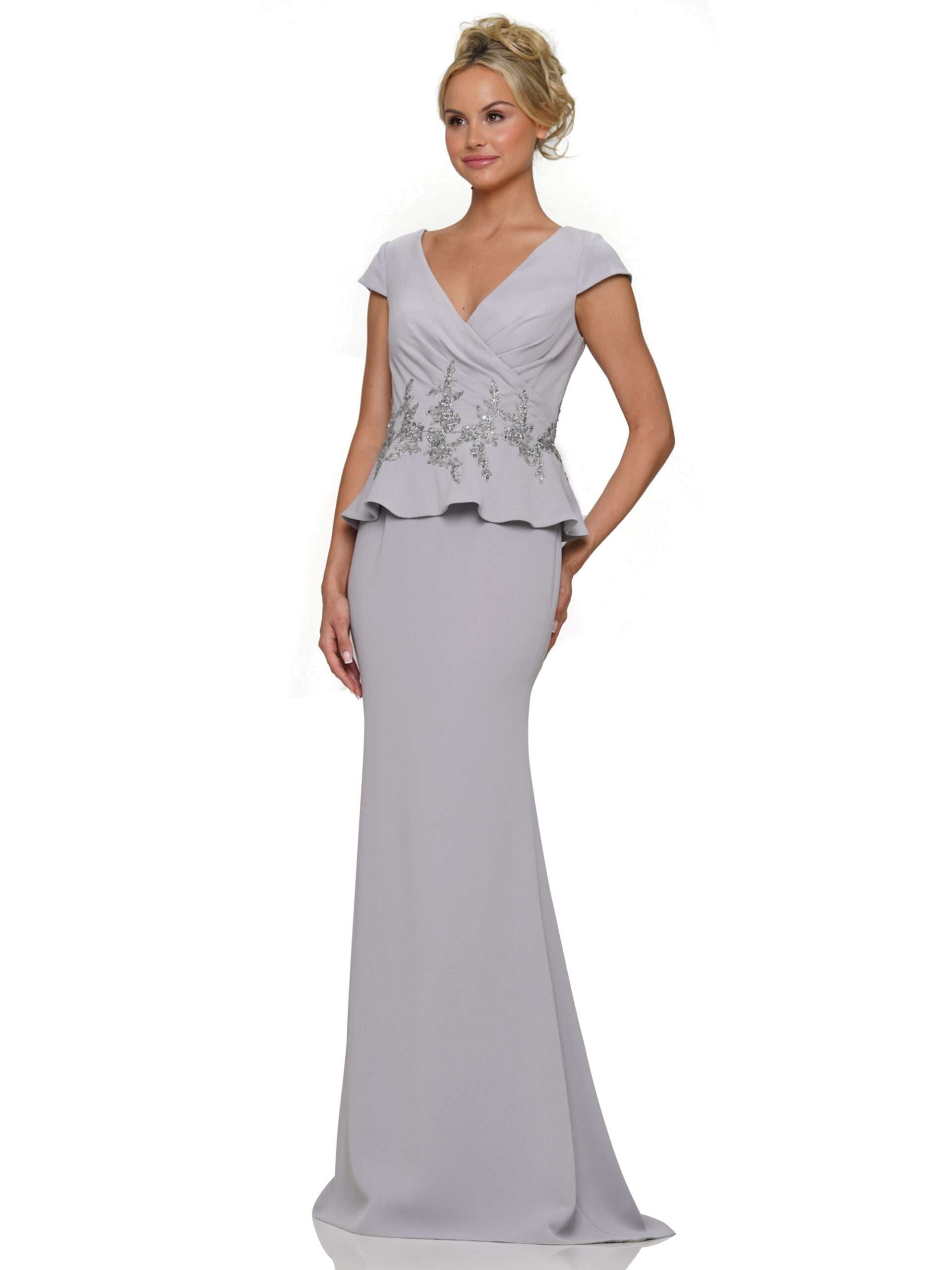 Formal Dresses Fit and Flare Long Wrapped Bodice Formal Dress Grey