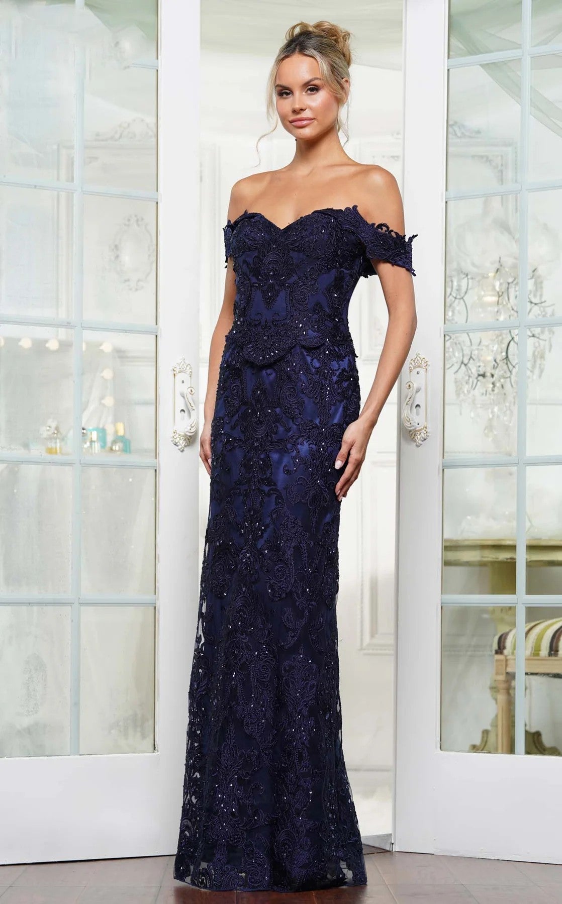 Navy Rina di Montella RD3144 Formal Long Peplum Fitted Lace Dress