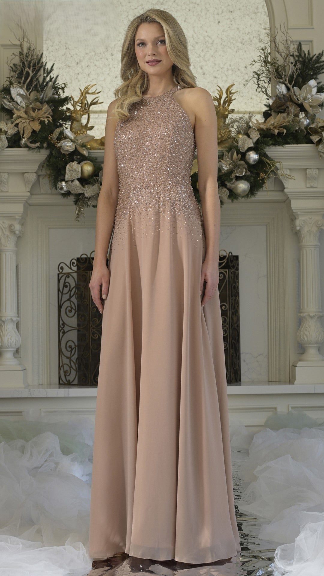 Formal Dresses Long Formal Pleated Evening Dress Rose gold