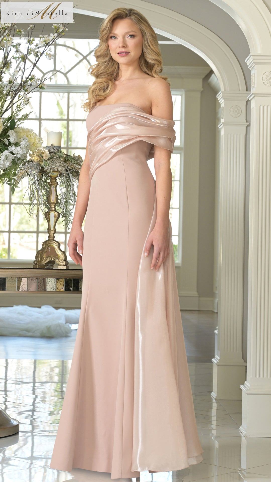 Champagne Rina di Montella RD3342 Long Formal Evening Pleated Dress for