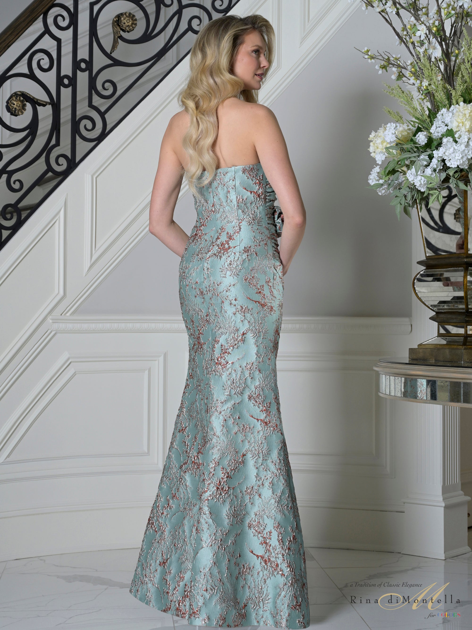 Sage Crimson Strapless Floor-Length Floral Jacquard Prom Gown Side Slit Rina Di Montella RD3502