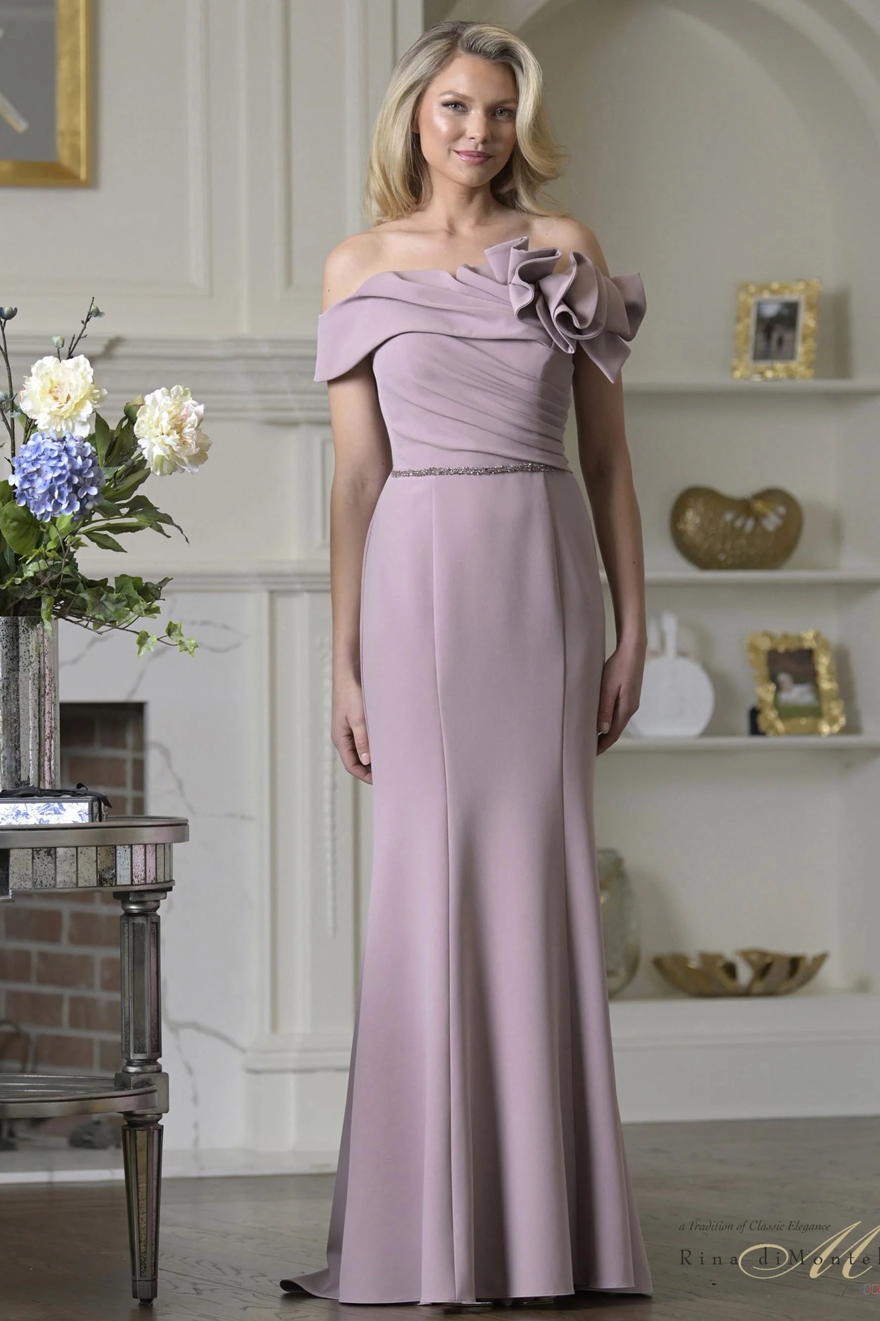 Dusty Rose Off-the-Shoulder Floor-Length Crepe Formal Gown Ruffle Detail Rina di Montella RD3507