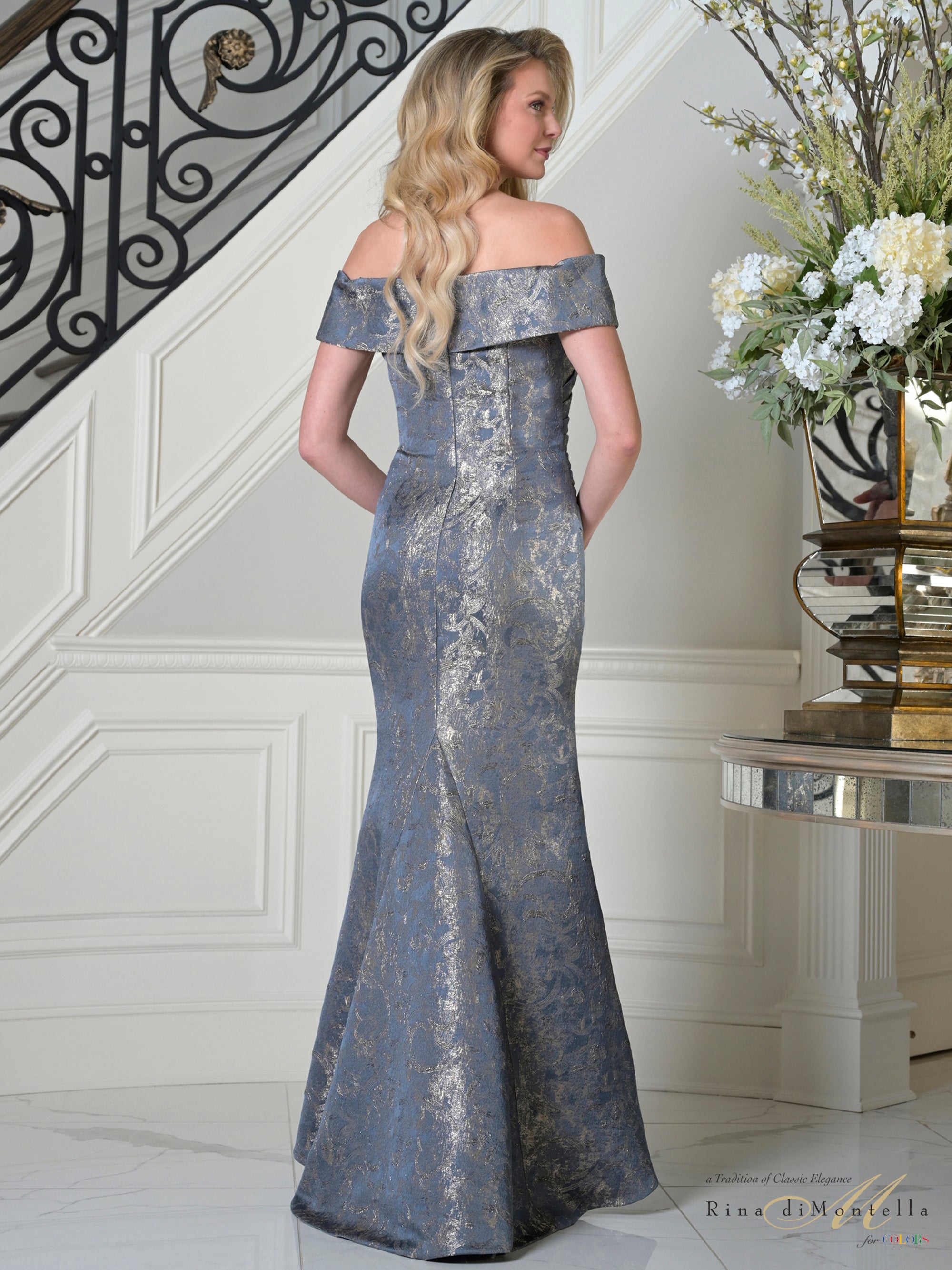 Wedgewood Off-the-Shoulder Floor-Length Jacquard Evening Gown with Side Slit Rina di Montella RD3511