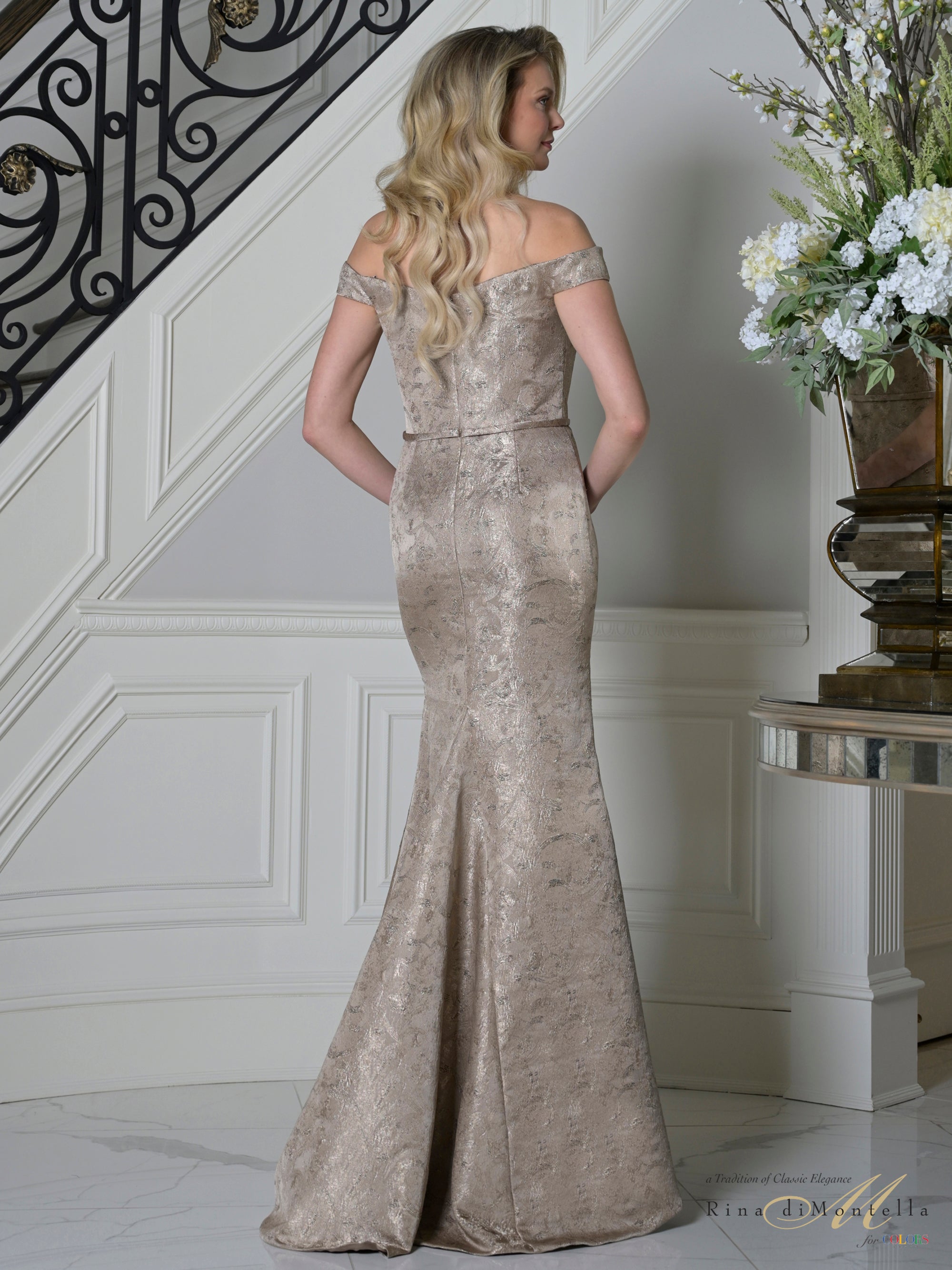 Dark Taupe Off-the-Shoulder Floor-Length Jacquard Formal Evening Mermaid Gown Rina di Montella RD3513