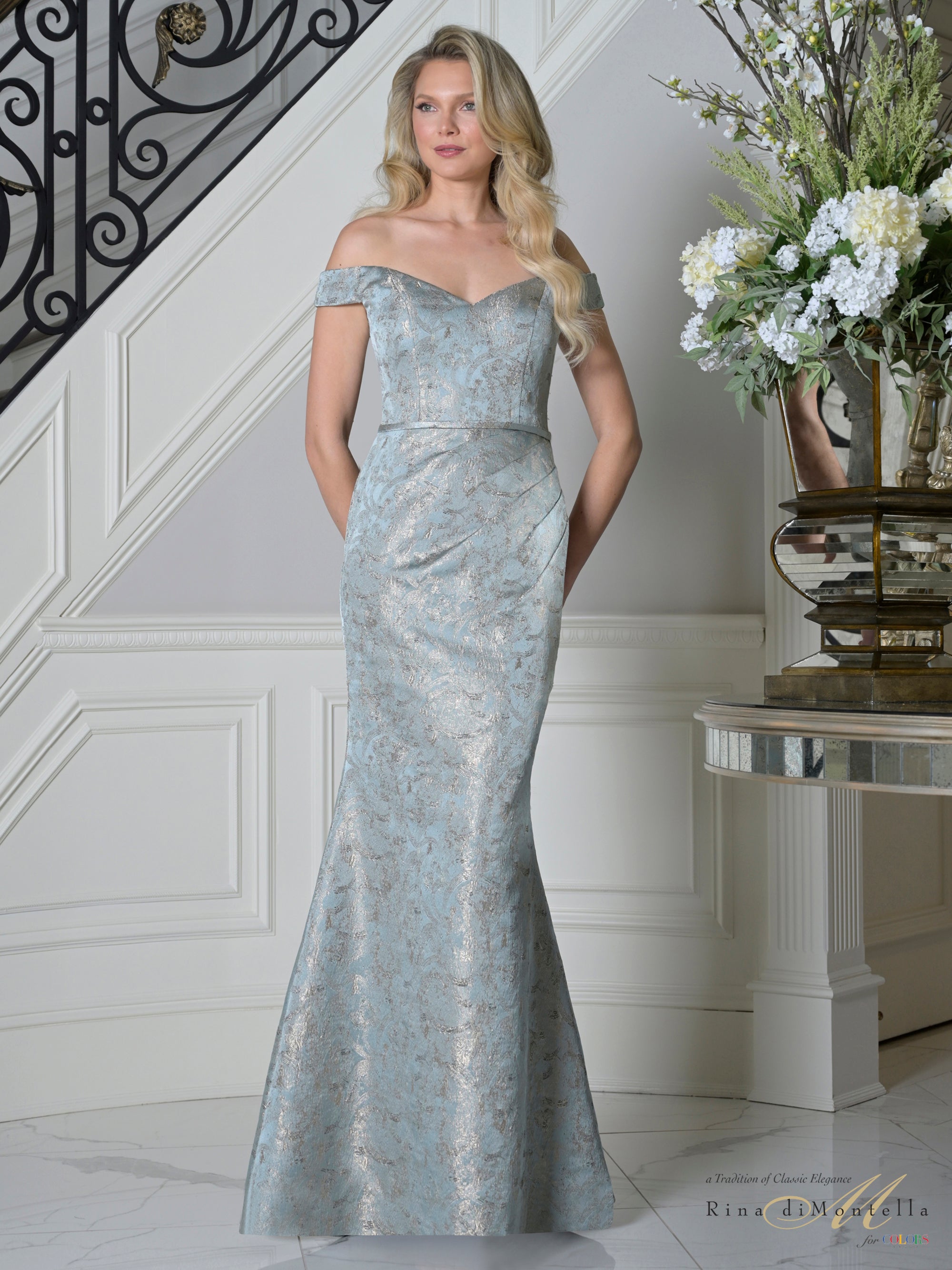Deep Sage Off-the-Shoulder Floor-Length Jacquard Formal Evening Mermaid Gown Rina di Montella RD3513