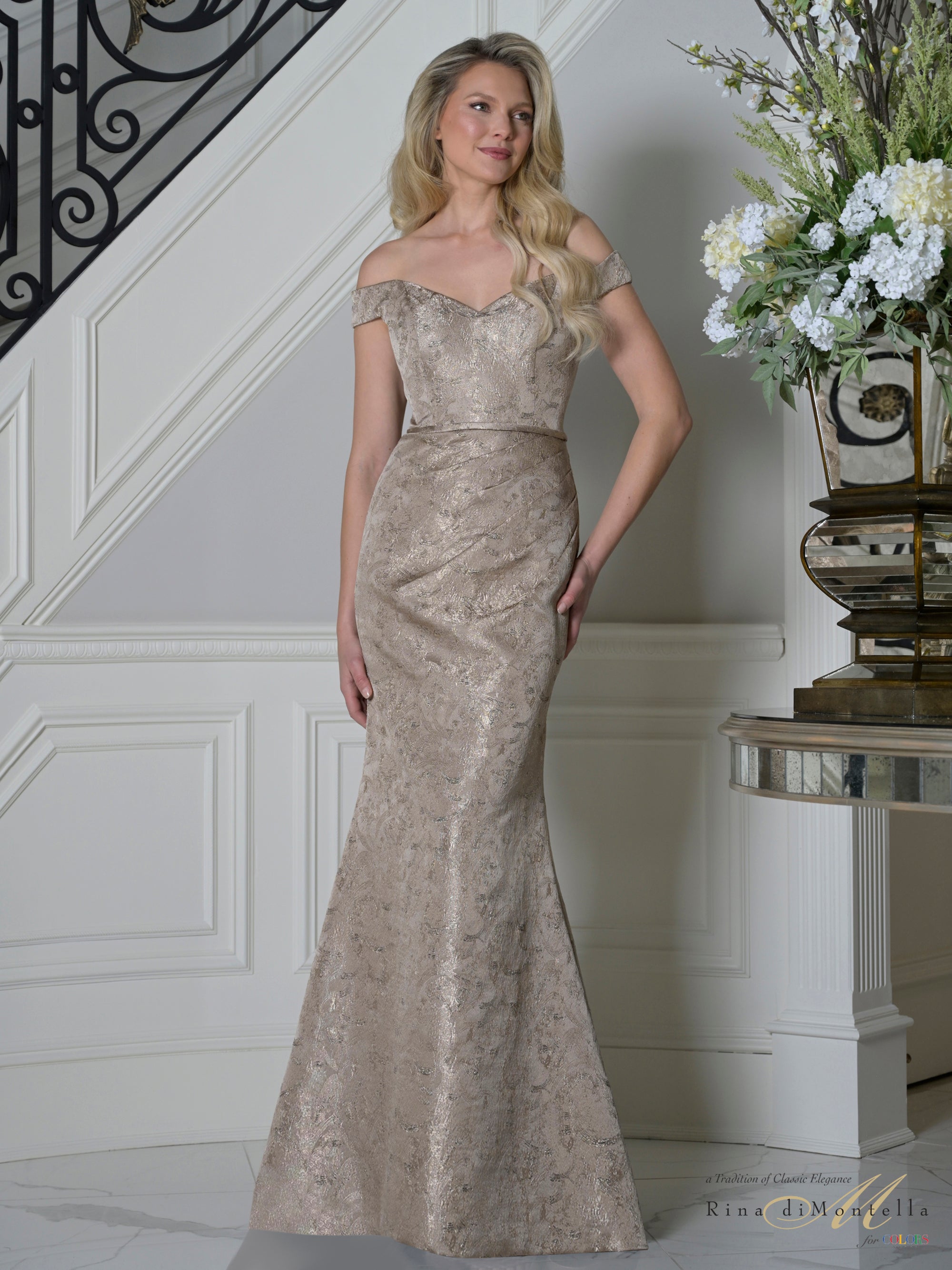 Dark Taupe Off-the-Shoulder Floor-Length Jacquard Formal Evening Mermaid Gown Rina di Montella RD3513