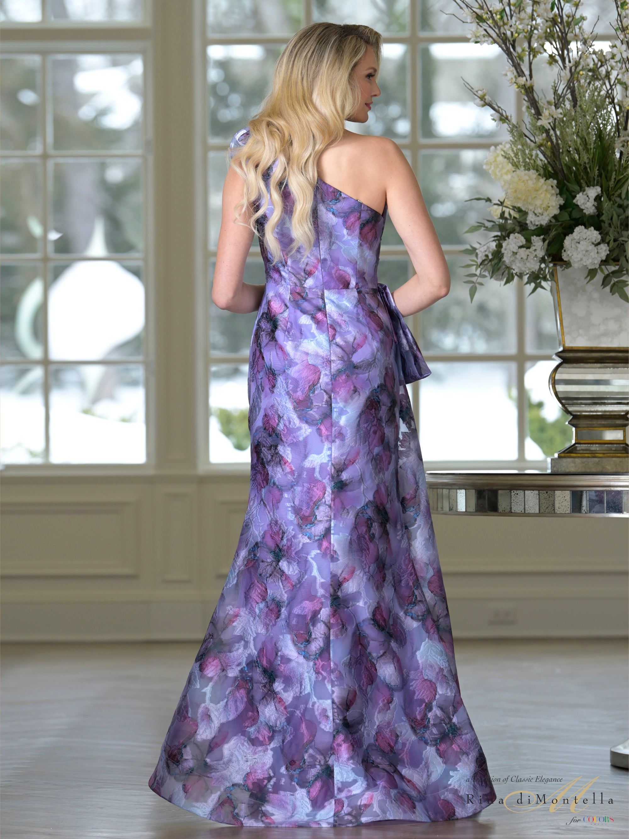 Purple Lavender One-Shoulder Floor-Length Floral Jacquard Formal Evening Gown Side Slit Rina di Montella RD3517