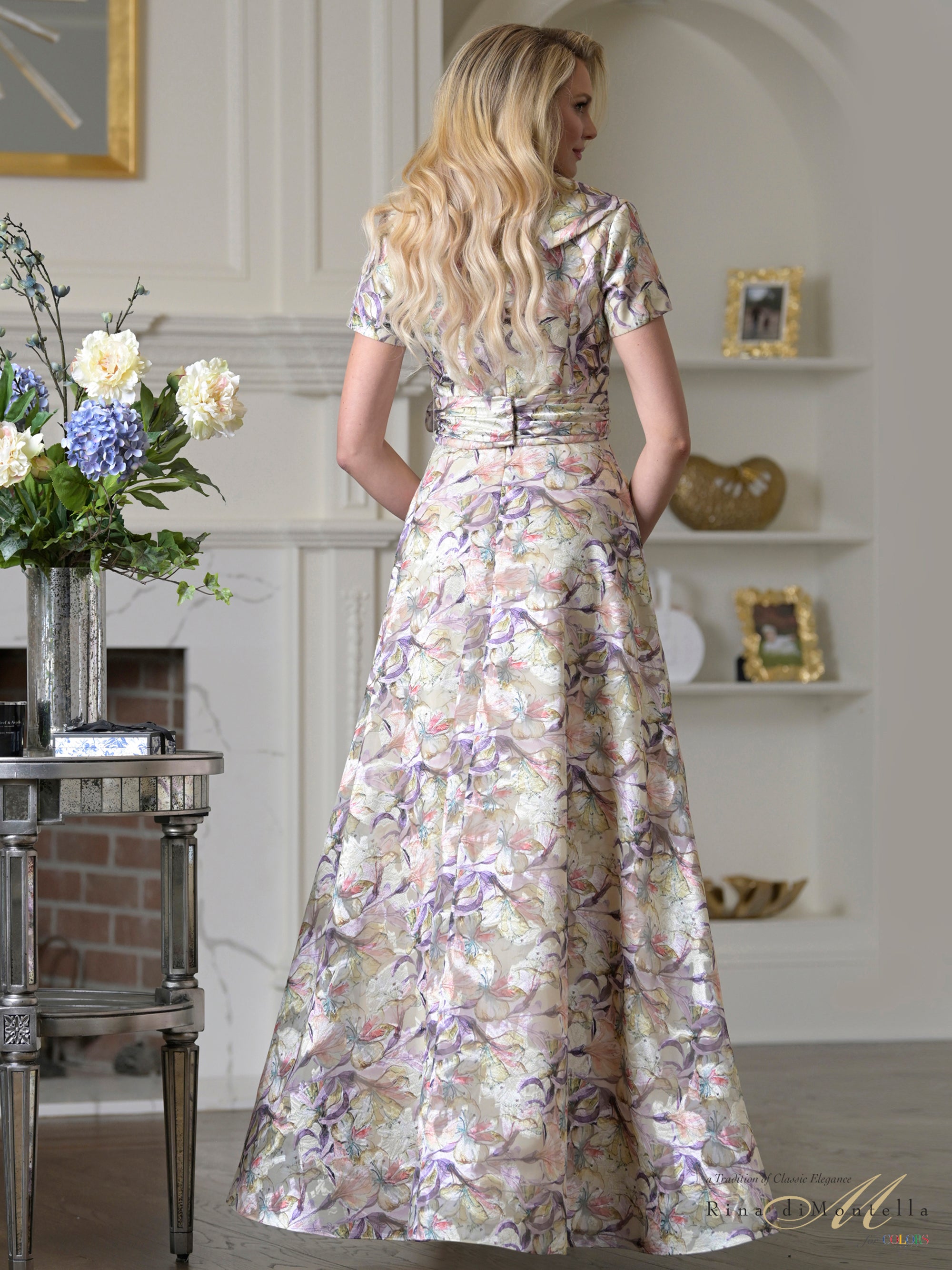 Yellow Multi Portrait Collar Floor-Length Floral Jacquard Formal A-Line Gown Short Sleeves Rina di Montella RD3519