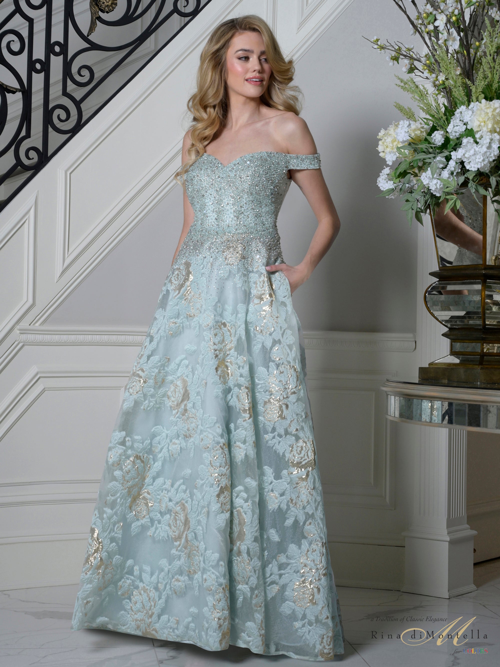Seaglass Off-the-Shoulder Floor-Length Beaded Lace Formal Evening A-Line Gown Pockets Rina Di Montella RD3524