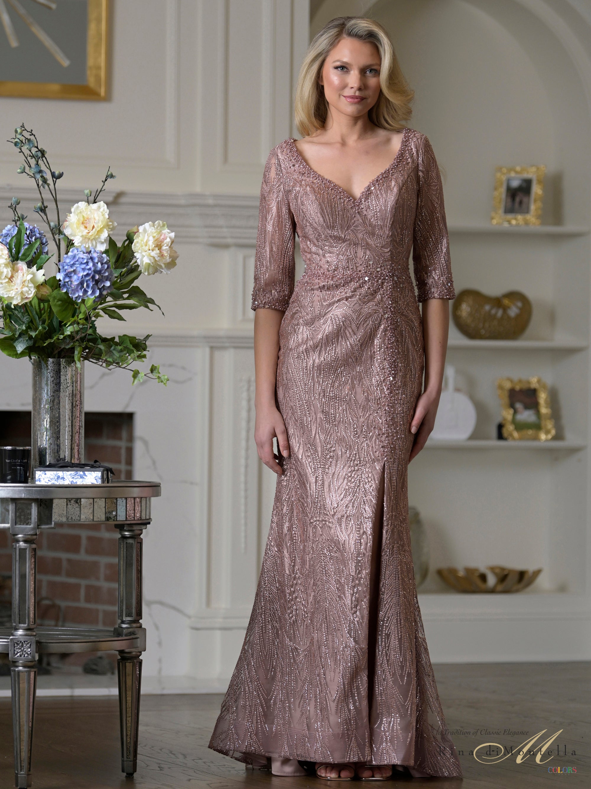 Dark Mauve V-Neck Floor-Length Beaded Mesh Formal Gown Elbow-Length Sleeves Rina Di Montella RD3530