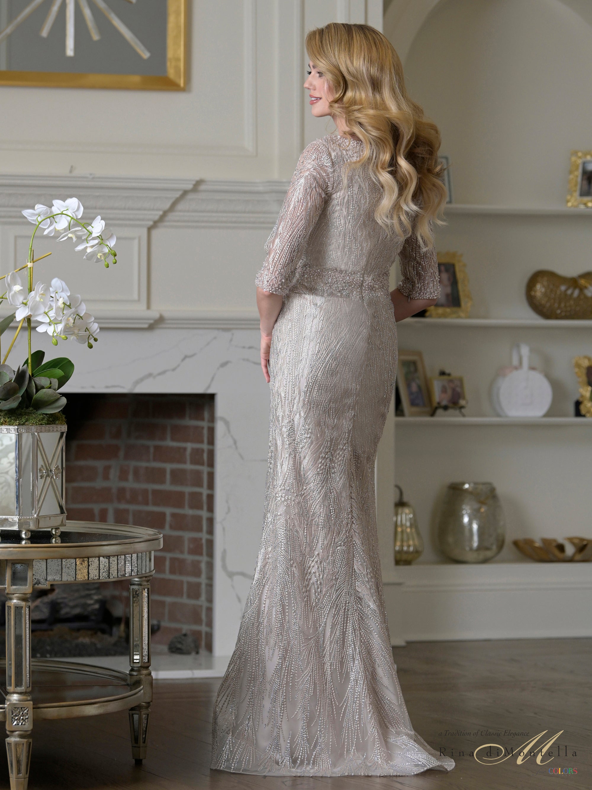 Light Taupe V-Neck Floor-Length Beaded Mesh Formal Gown Elbow-Length Sleeves Rina Di Montella RD3530