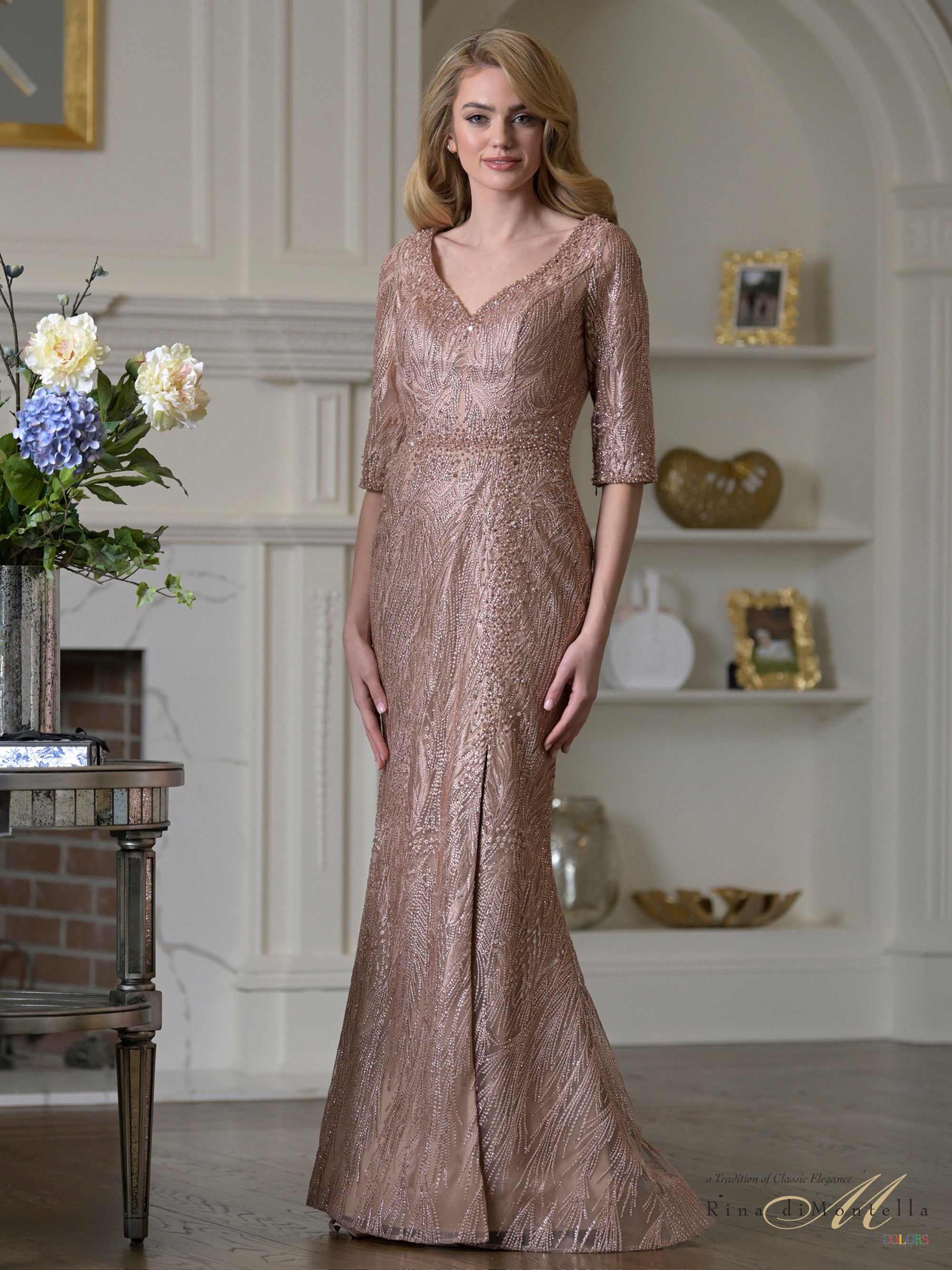 Rose Gold V-Neck Floor-Length Beaded Mesh Formal Gown Elbow-Length Sleeves Rina Di Montella RD3530