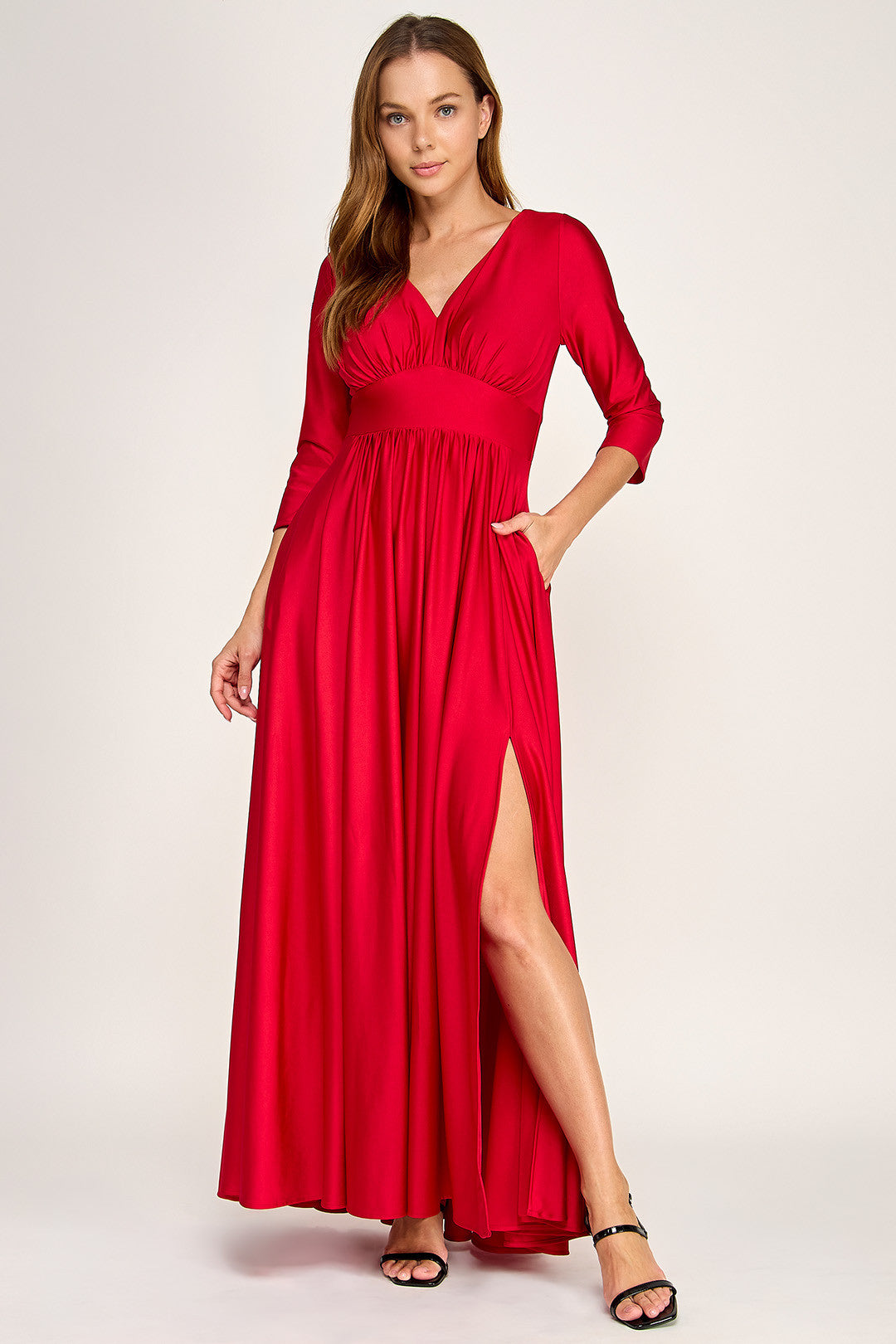 V-Neck Floor-Length Satin Formal A-Line Lenovia 3132