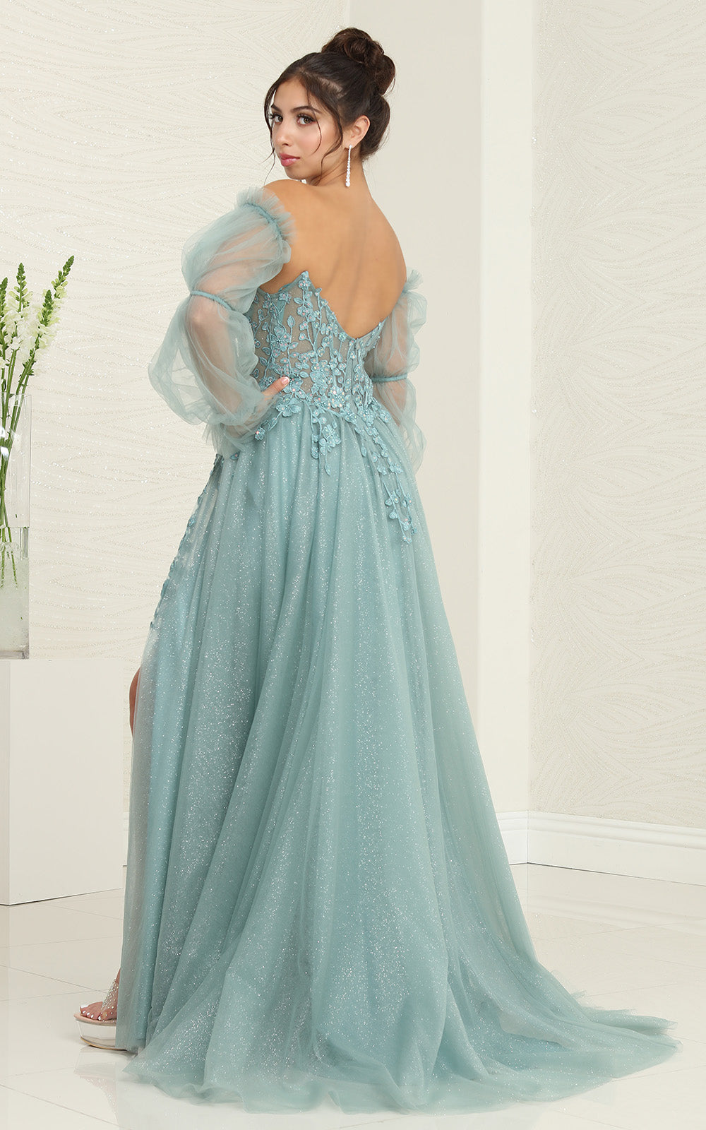 Off-the-Shoulder Floor-Length Tulle Prom A-Line May Queen RQ8060