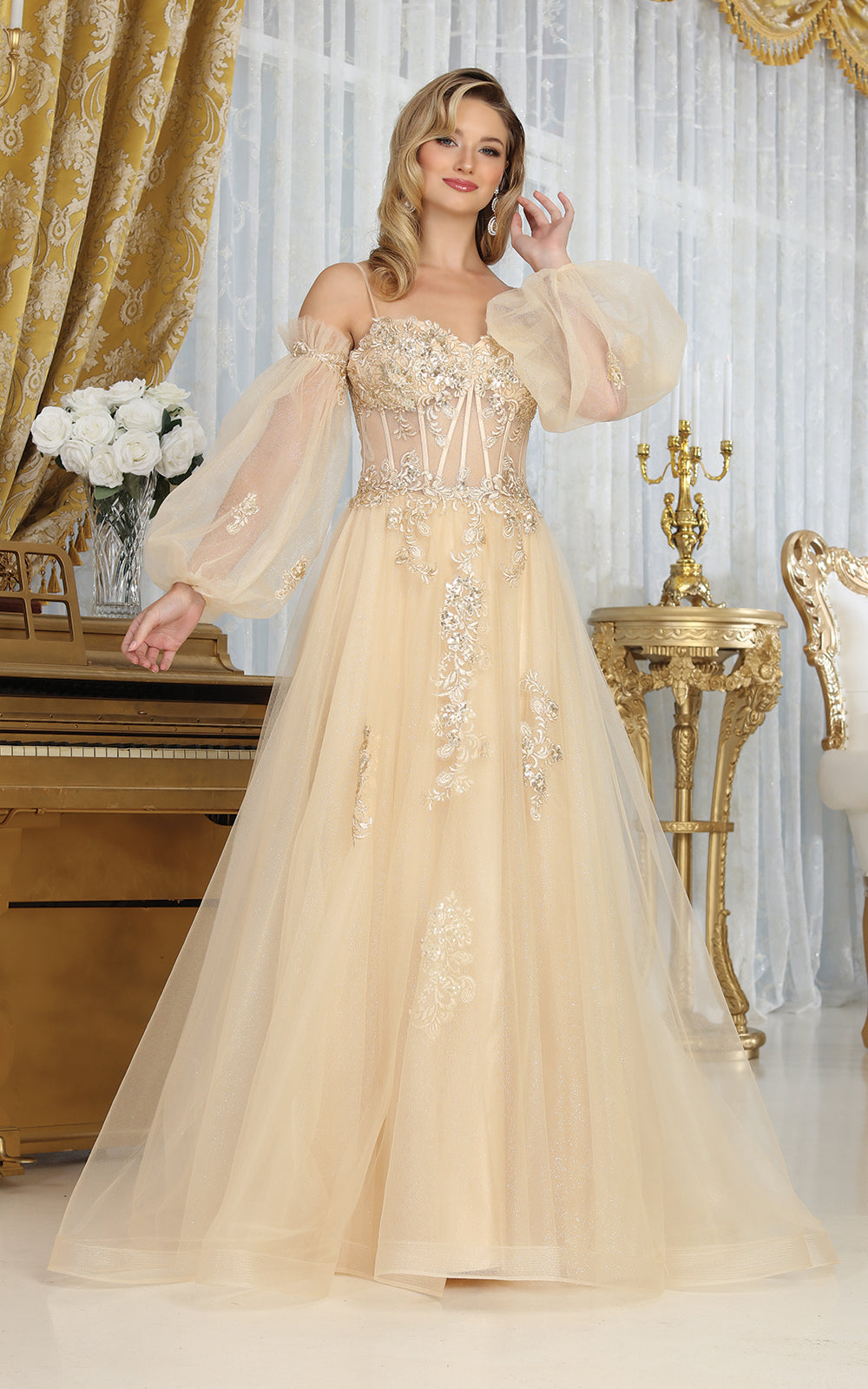 Off-the-Shoulder Floor-Length Tulle Prom A-Line May Queen RQ8073