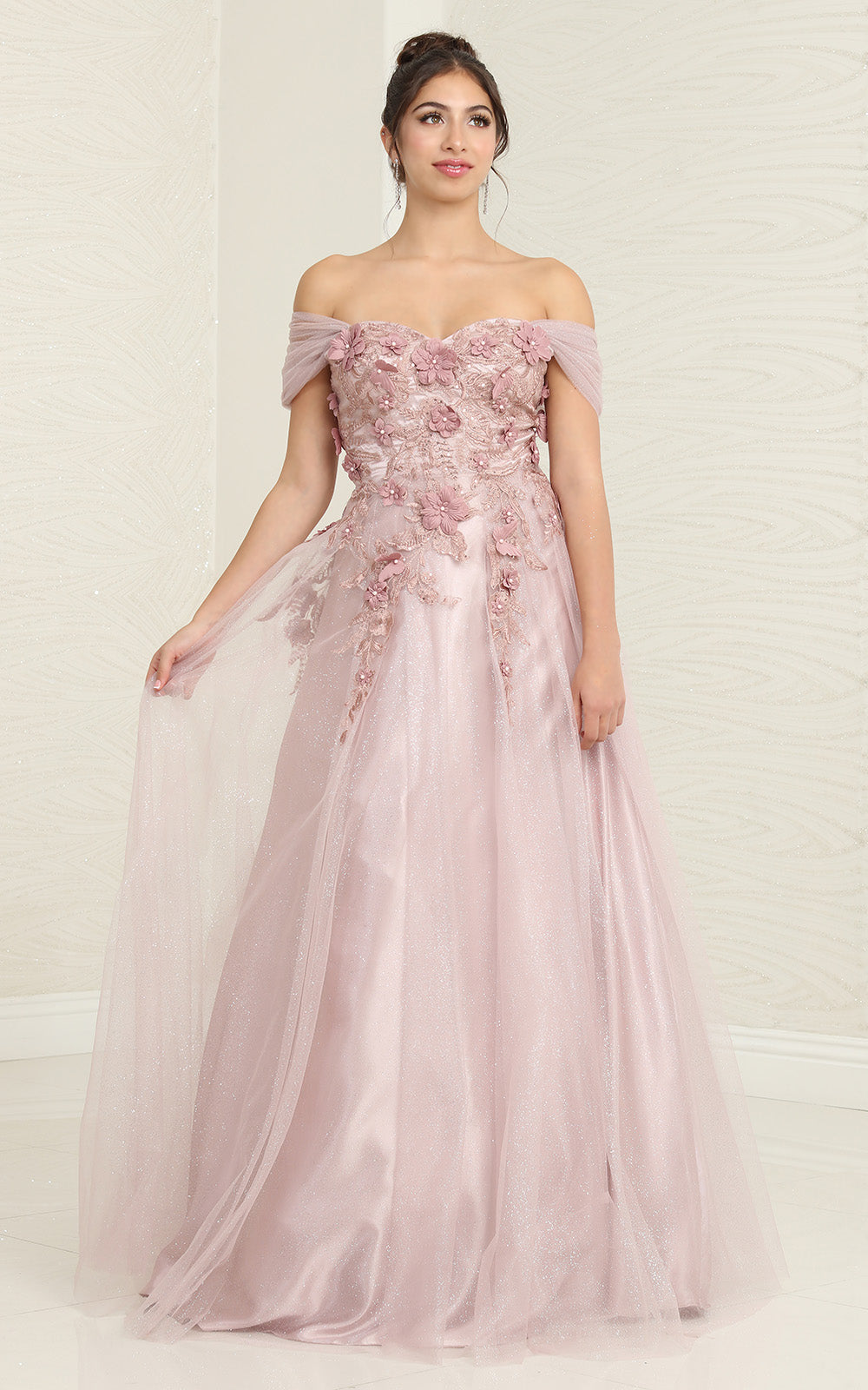Off-the-Shoulder Floor-Length Tulle Prom A-Line May Queen RQ8109