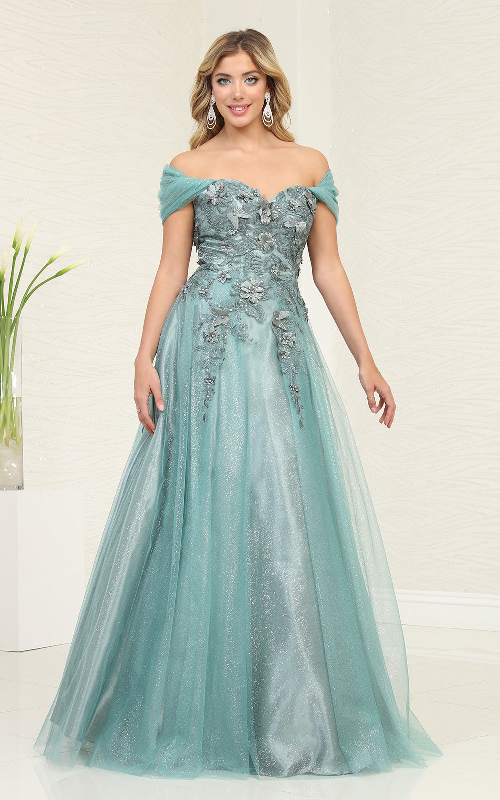 Off-the-Shoulder Floor-Length Tulle Prom A-Line May Queen RQ8109