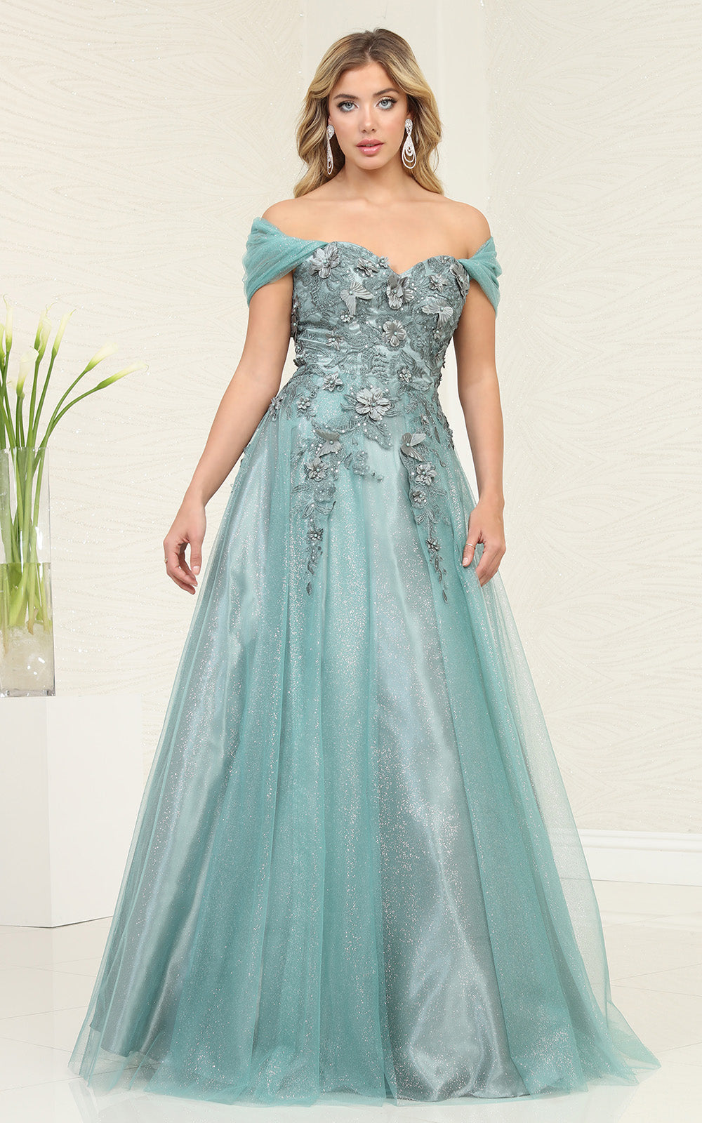 Off-the-Shoulder Floor-Length Tulle Prom A-Line May Queen RQ8109