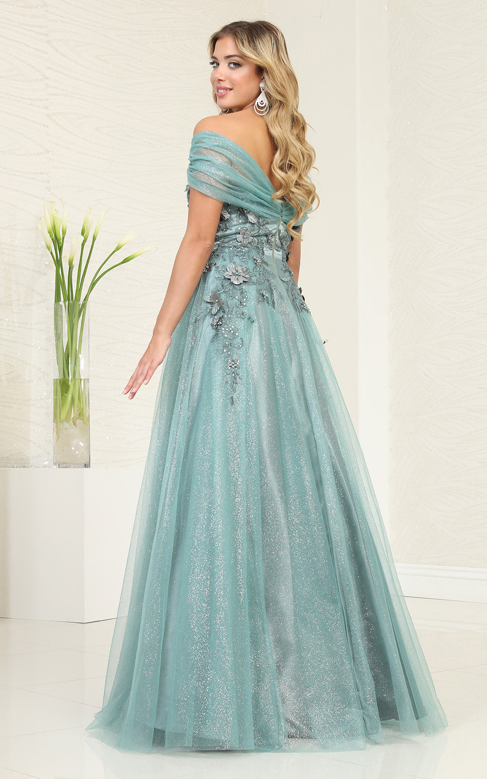 Off-the-Shoulder Floor-Length Tulle Prom A-Line May Queen RQ8109