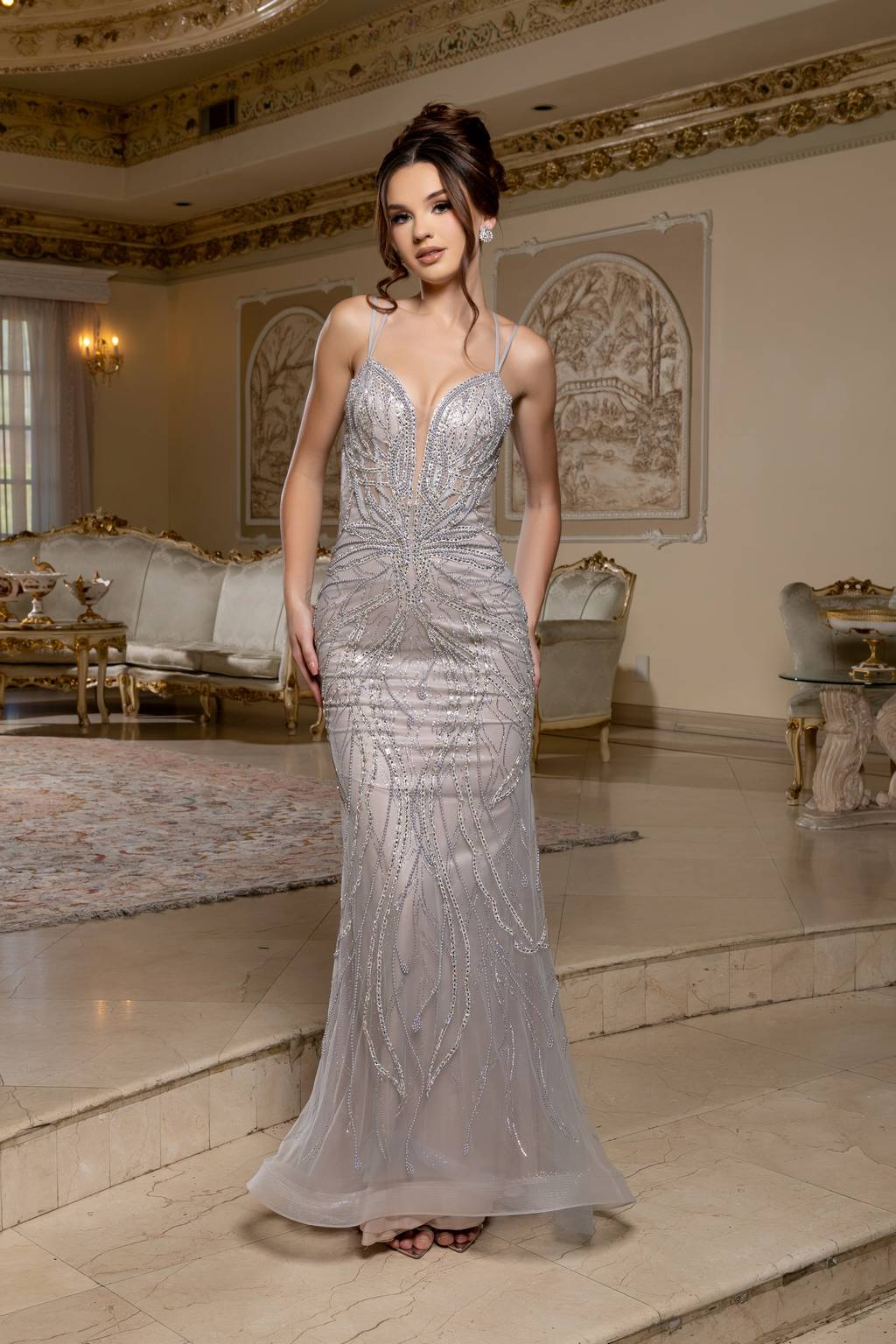 V-Neck Floor-Length Tulle Prom Sheath Column May Queen RQ8222