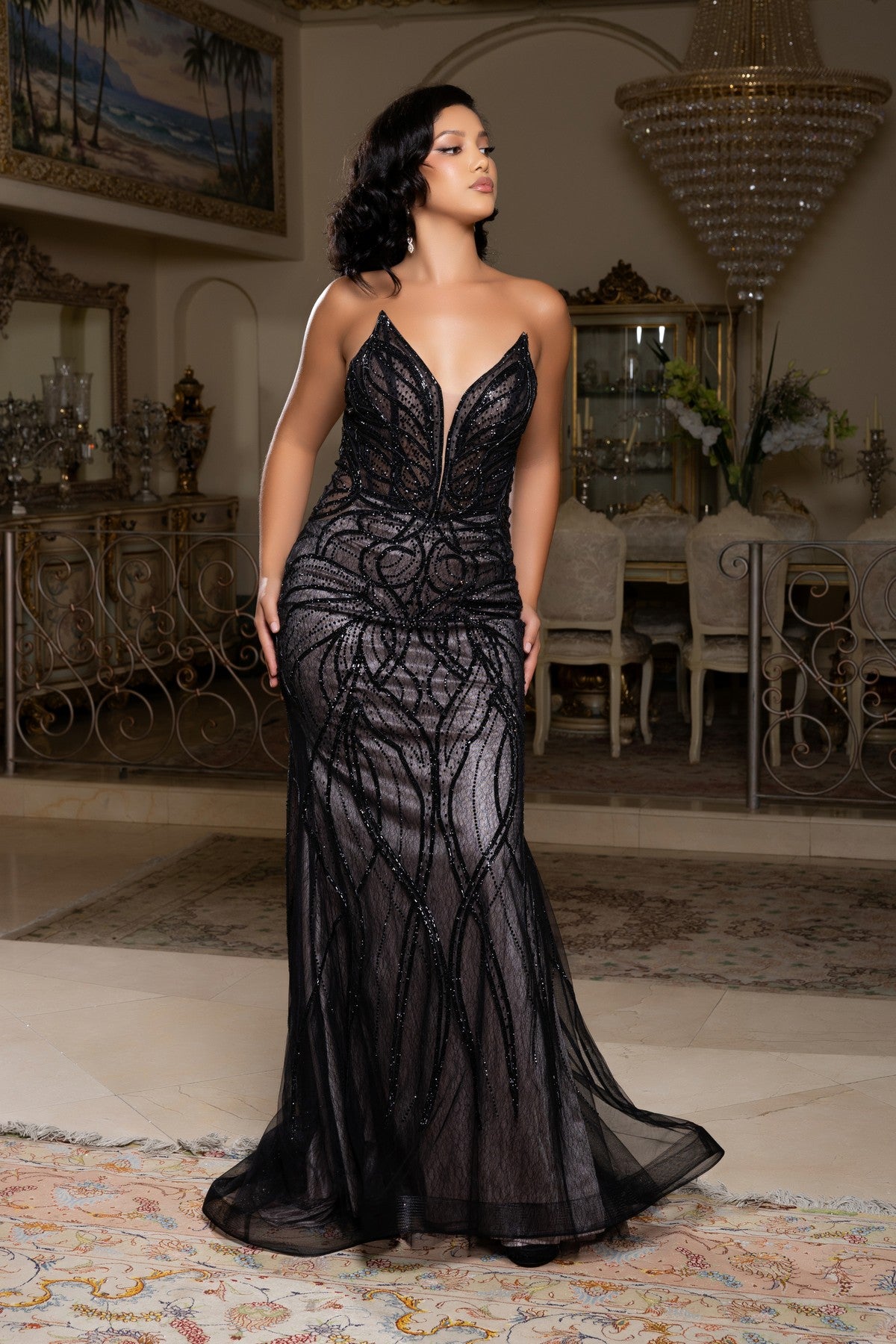 V-Neck Floor-Length Tulle Prom Mermaid Trumpet May Queen RQ8223