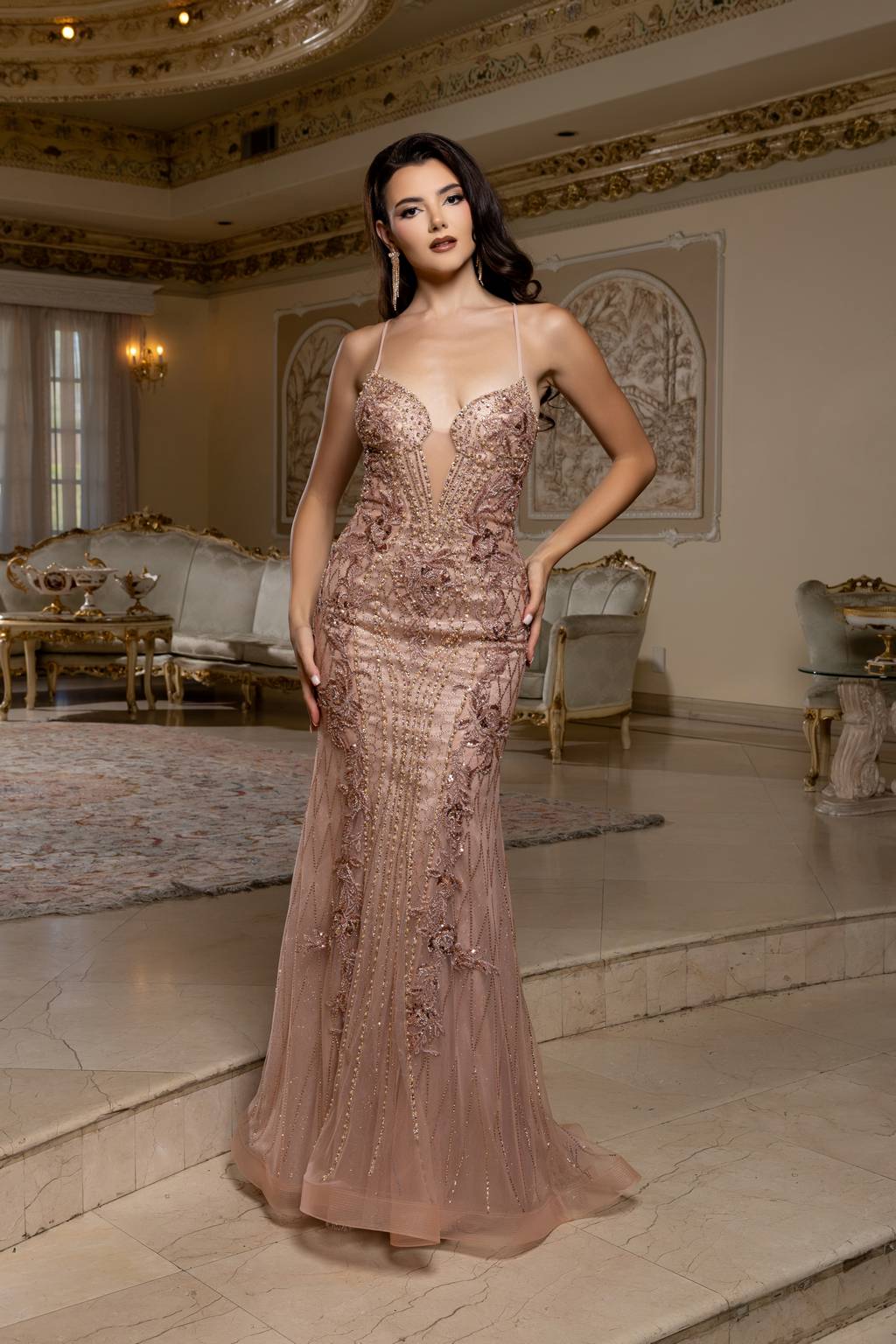 V-Neck Floor-Length Tulle Prom Sheath Column May Queen RQ8230