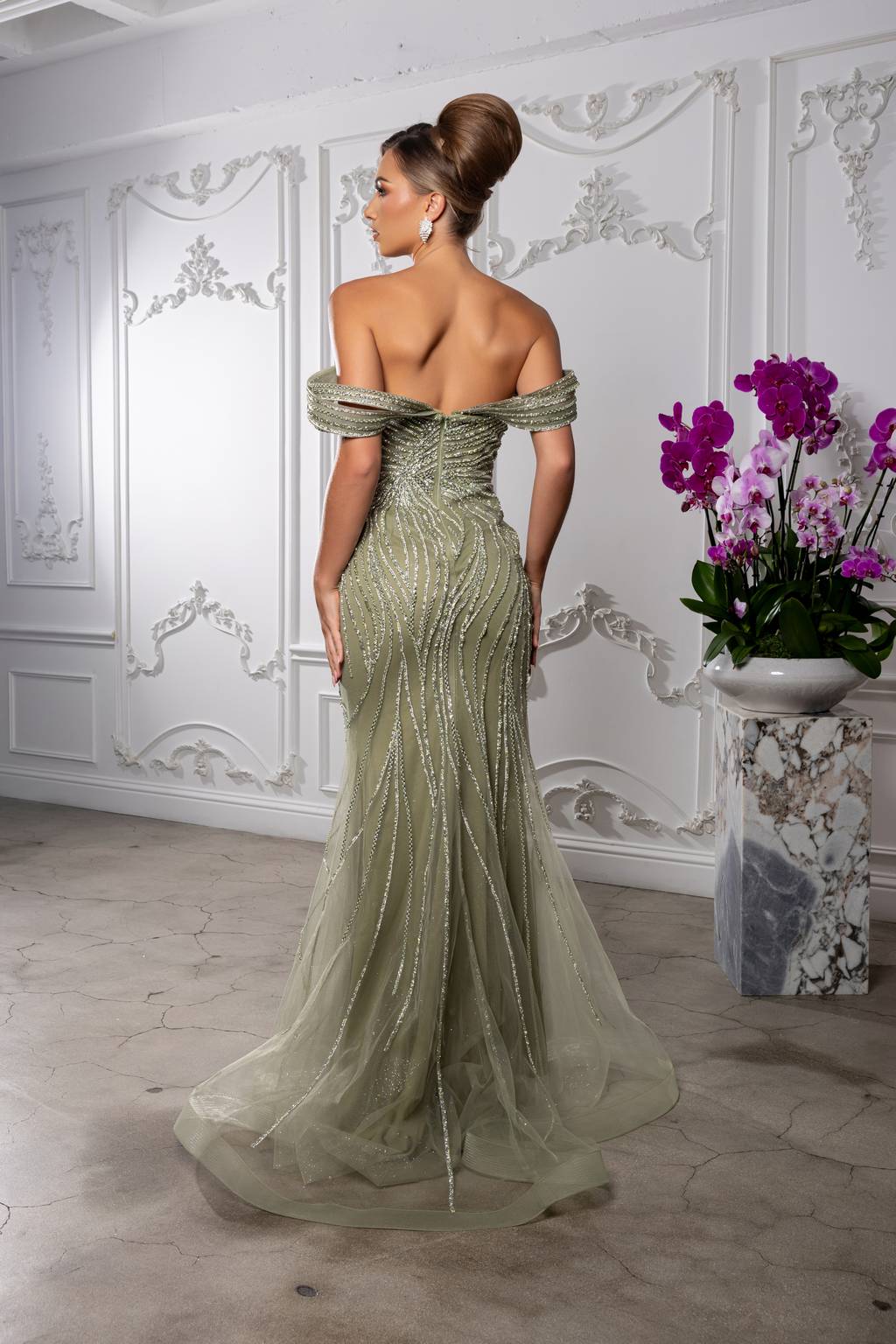 Off-the-Shoulder Floor-Length with Train Tulle Prom Mermaid Trumpet May Queen RQ8247