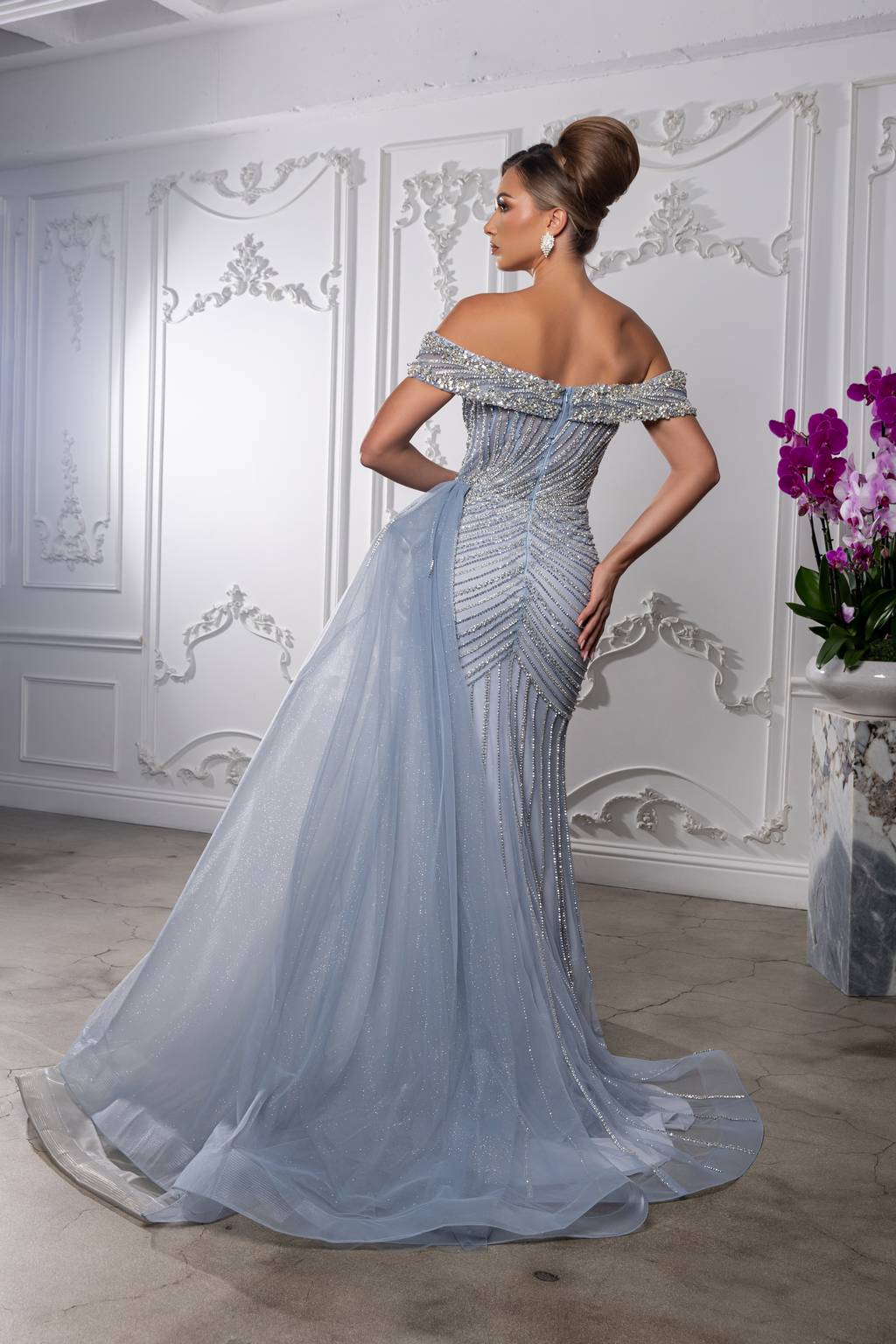 Off-the-Shoulder Floor-Length with Train Tulle Prom Sheath Column May Queen RQ8261