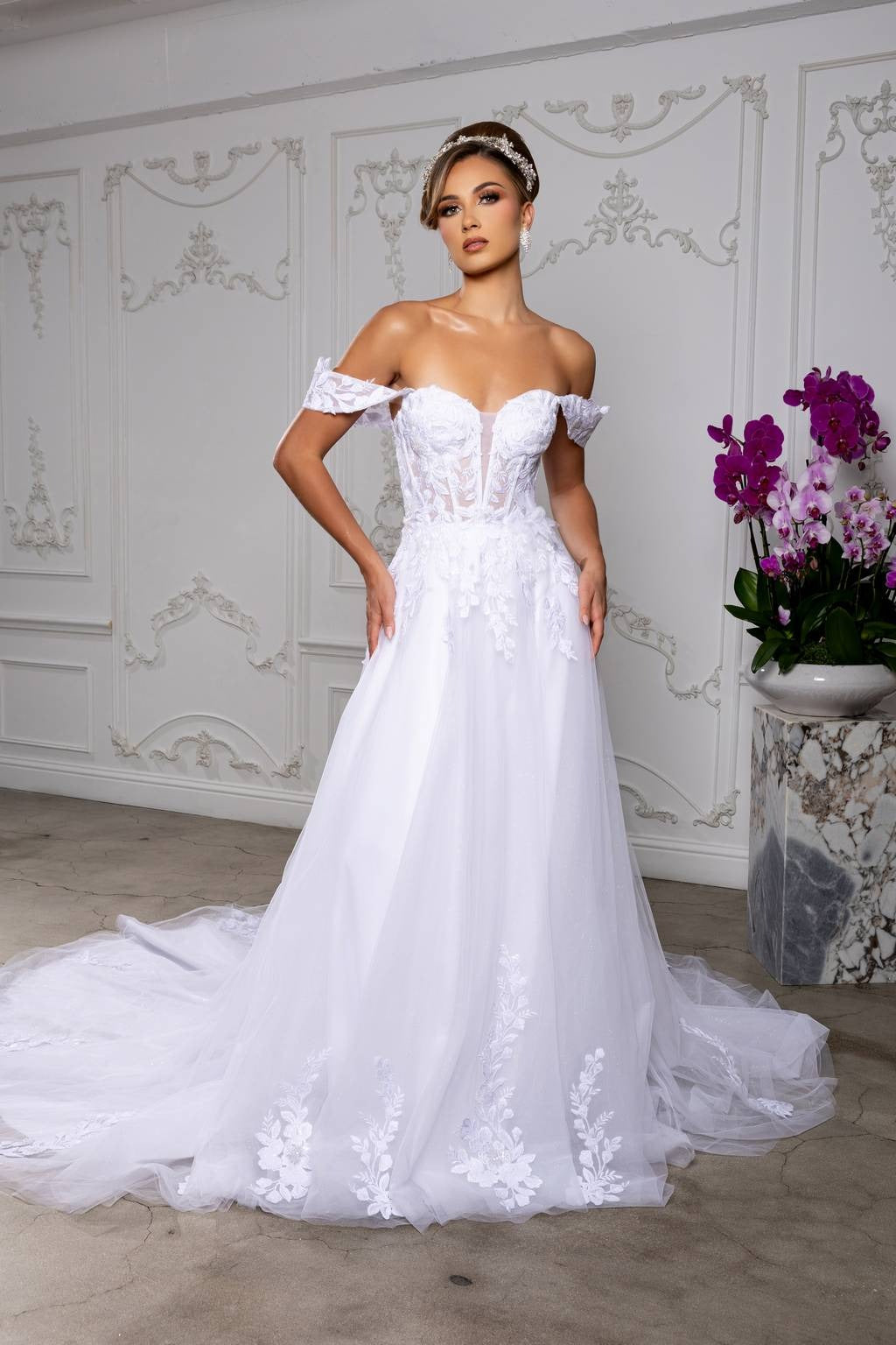 Off-the-Shoulder Floor-Length with Train Tulle Wedding Dress A-Line May Queen RQ8275