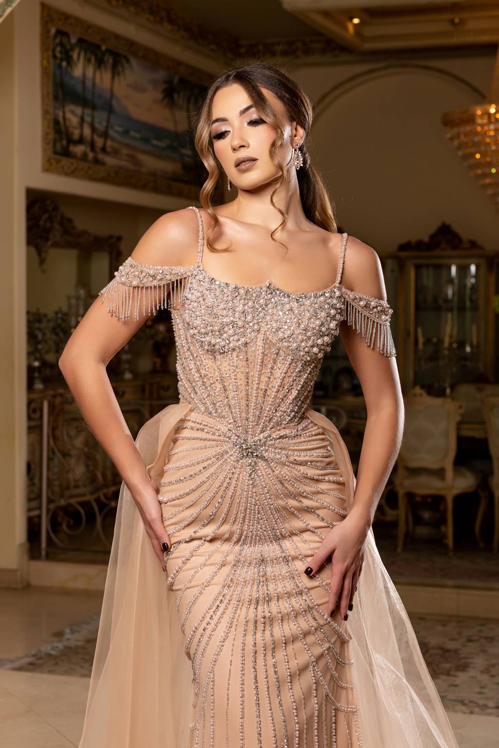 Off-the-Shoulder Floor-Length Tulle Evening Gown Mermaid May Queen RQ8277
