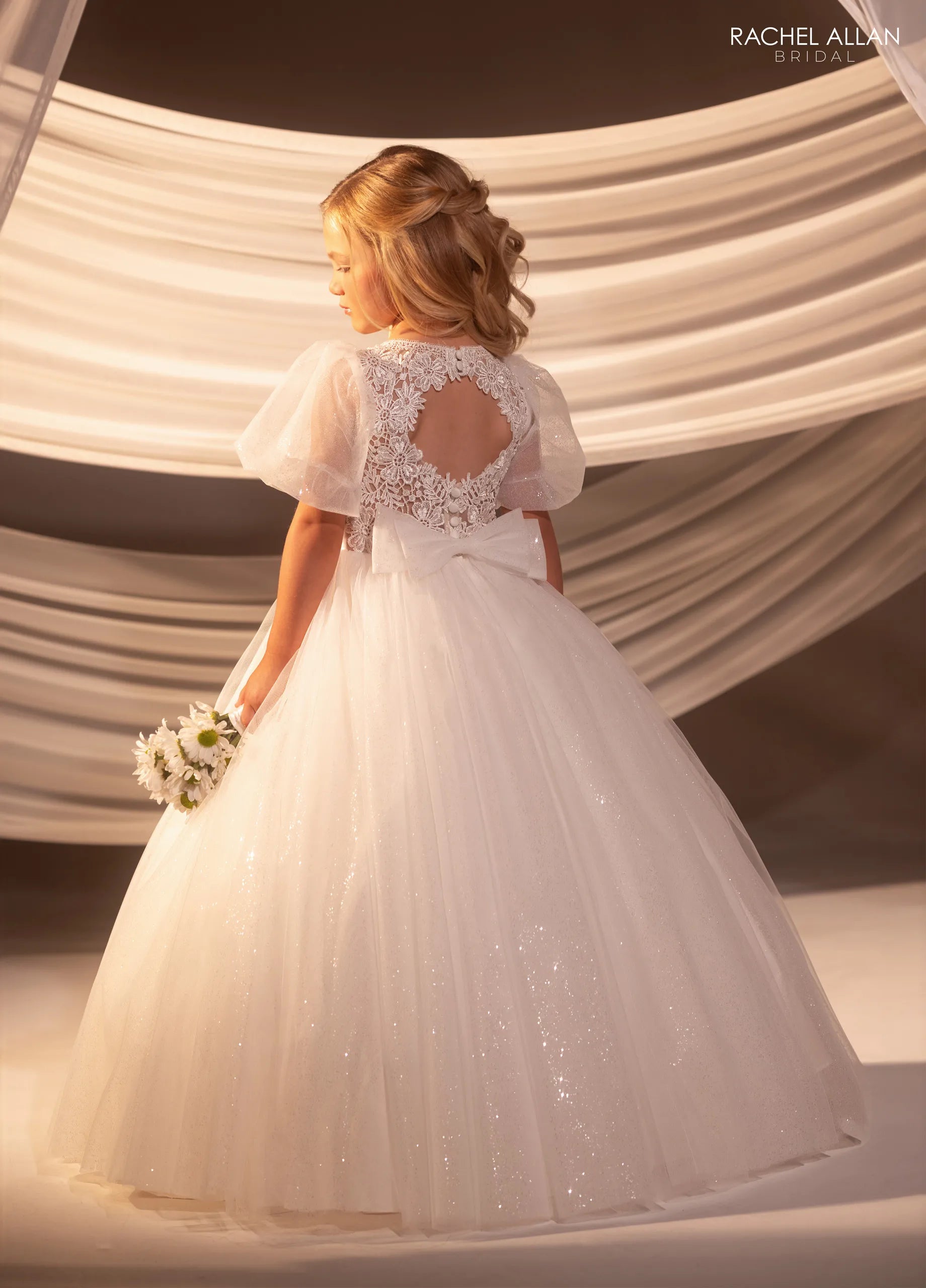 Ivory Nude Square Neck Floor-Length Glitter Tulle Wedding Flower Girl Dress with Puff Sleeves Rachel Allan RB9188