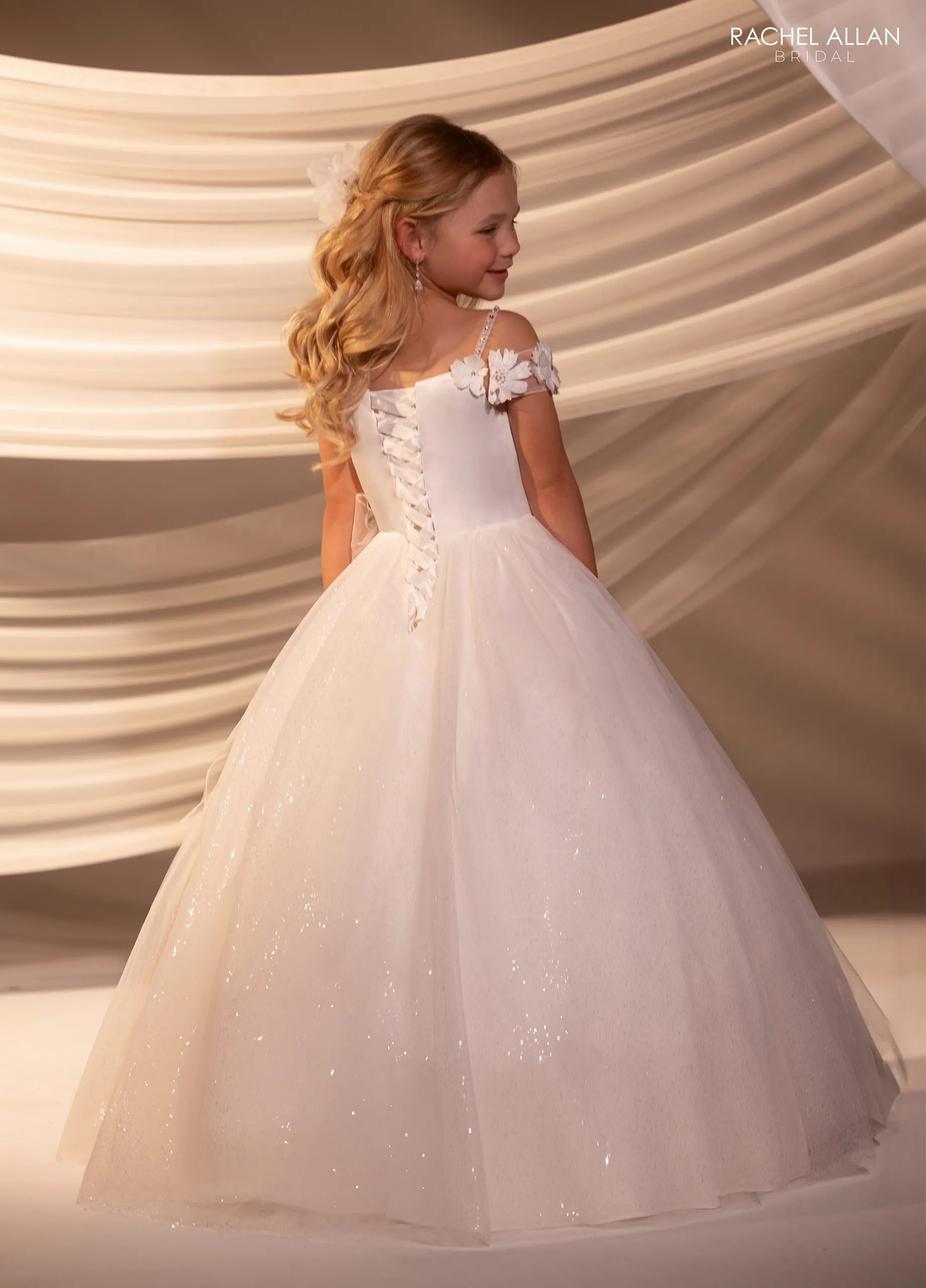 Ivory Nude Off-the-Shoulder Floor-Length Glitter Tulle Flower Girl Ballgown with 3D Floral Straps Rachel Allan RB9186