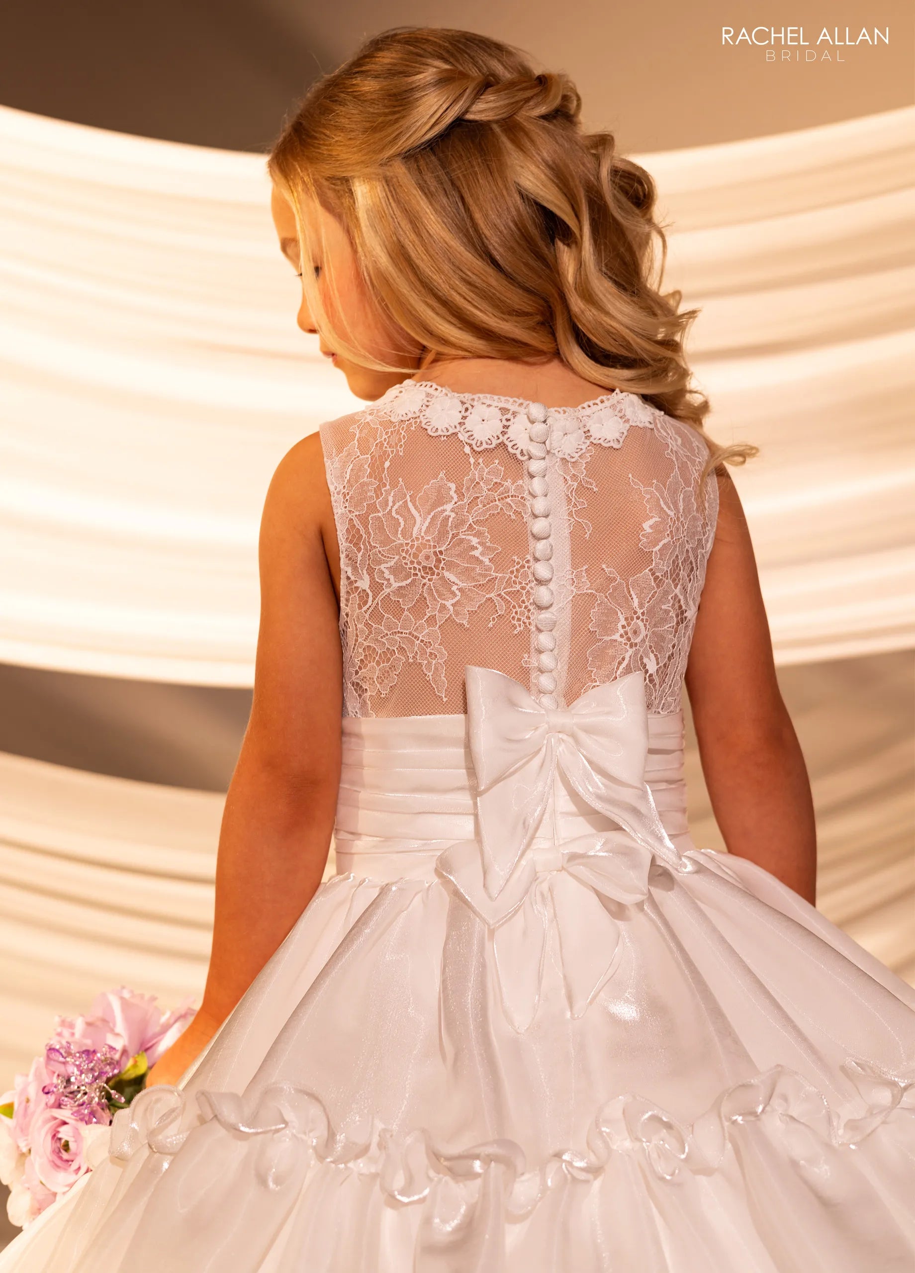 Ivory Illusion Neck Floor-Length Satin Flower Girl Ballgown with Ruched Waist Rachel Allan RB9182
