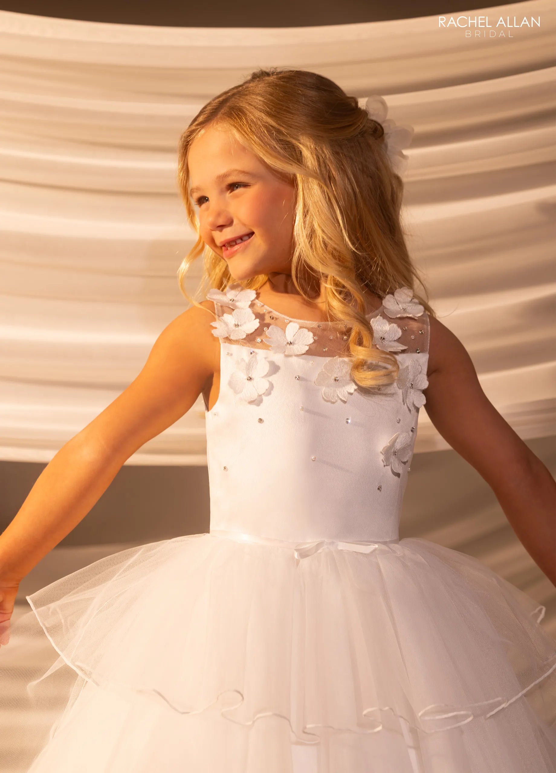 Ivory Nude Illusion Neck Floor-Length Tulle Satin Flower Girl Dress with 3D Floral Applique Rachel Allan RB9180