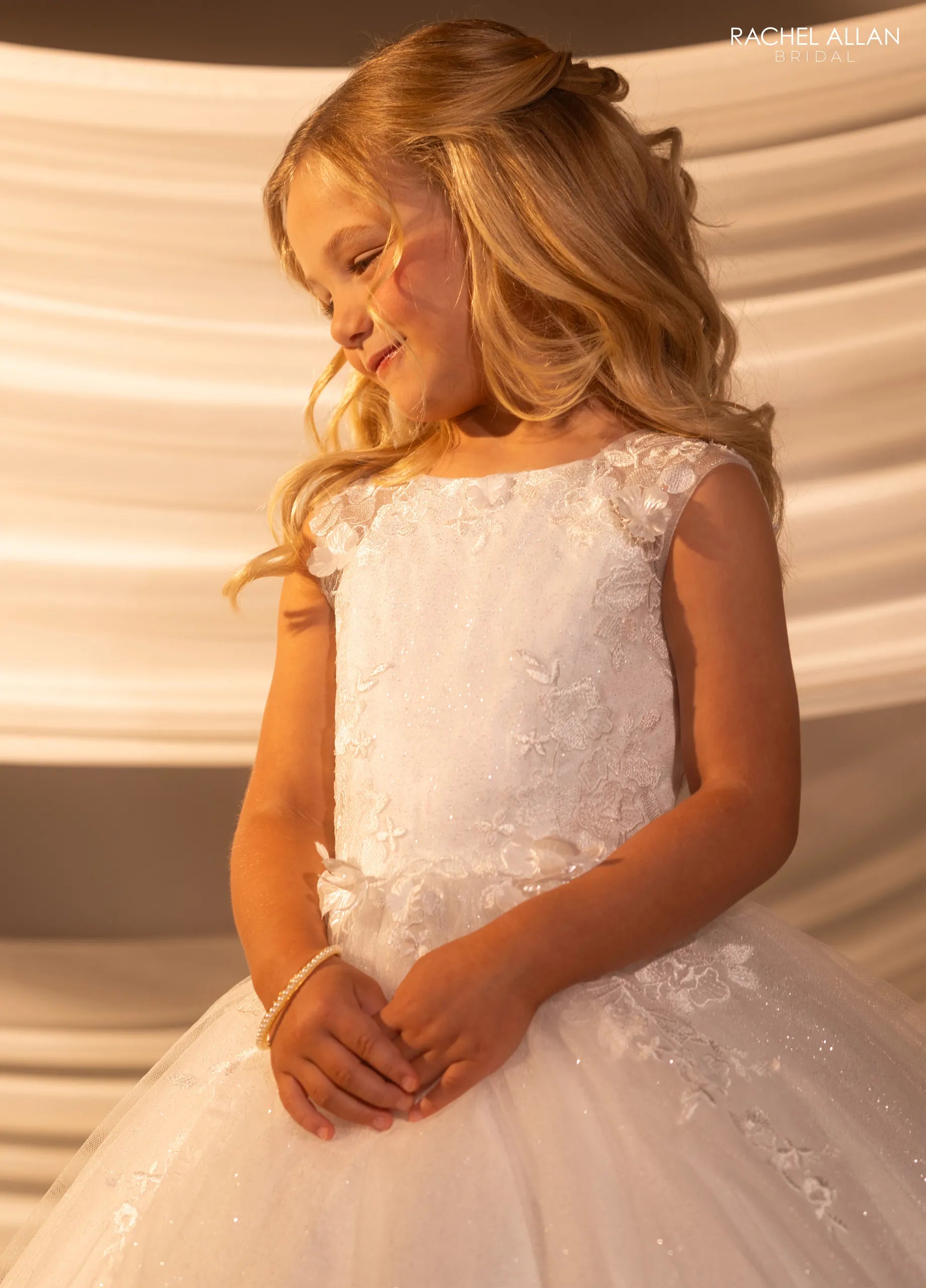 Ivory Nude Square Neck Floor-Length Glitter Tulle Flower Girl Ballgown with 3D Floral Applique Rachel Allan RB9184