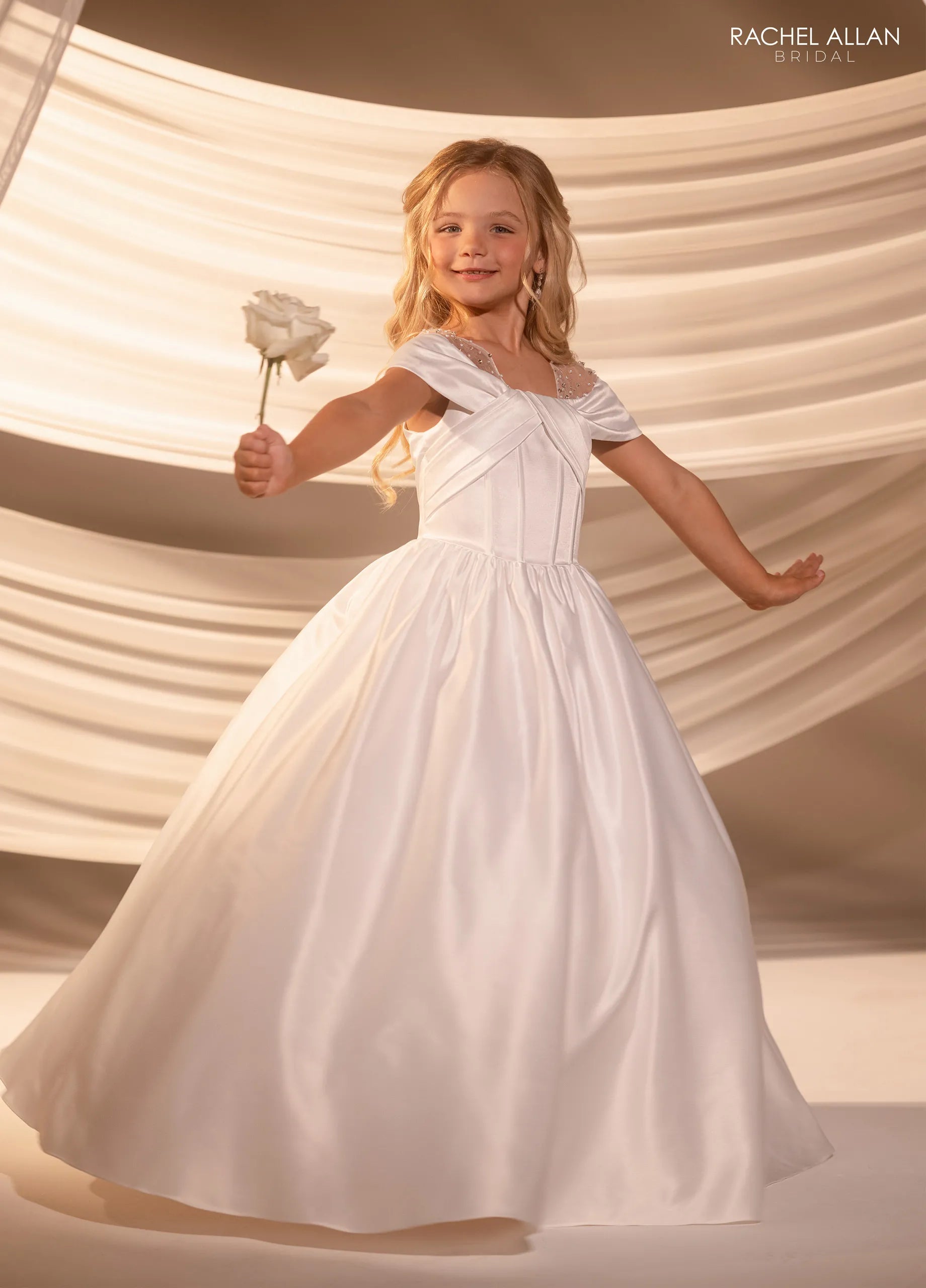 Ivory Nude Off-the-Shoulder Floor-Length Satin Flower Girl Ballgown with Beaded Illusion Straps Rachel Allan RB9185