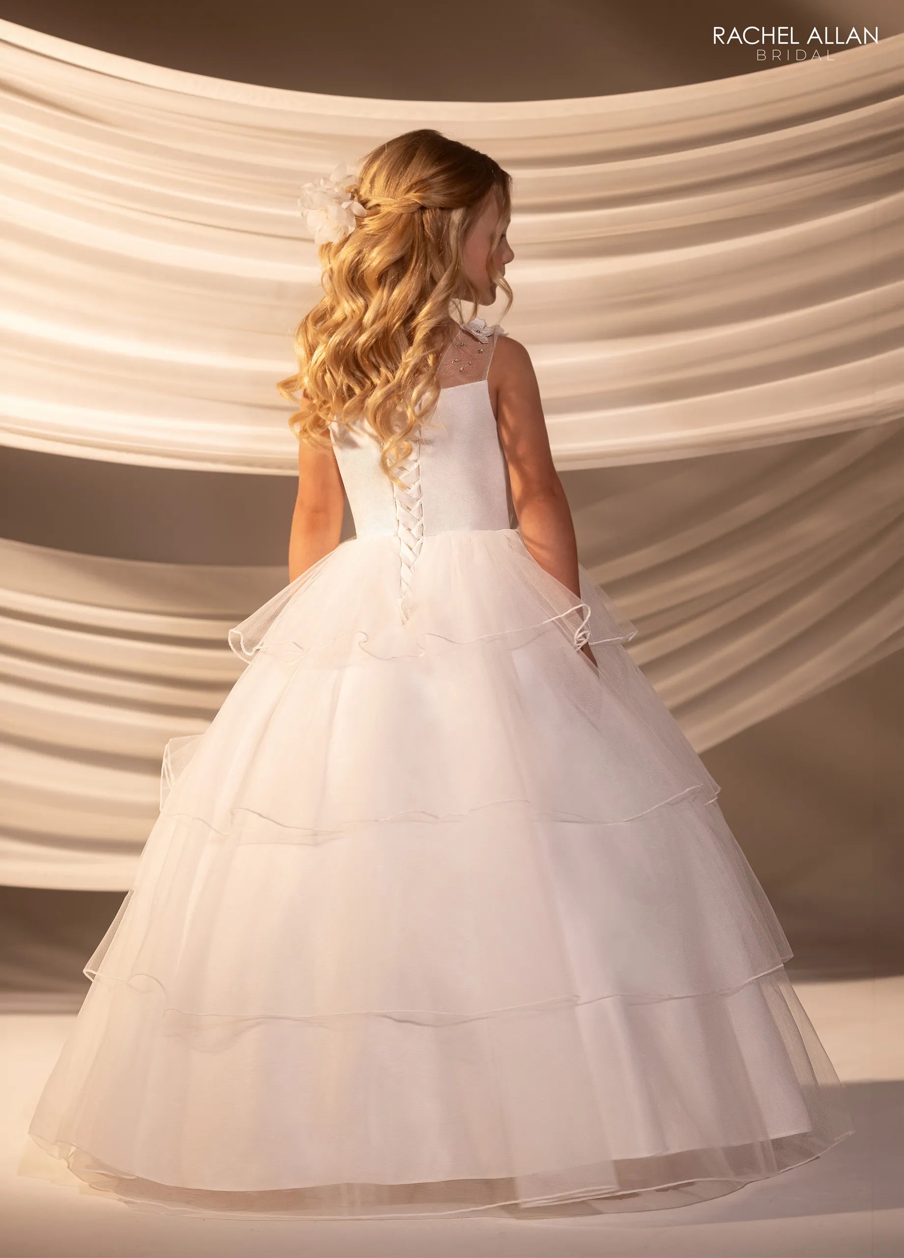 Ivory Nude Illusion Neck Floor-Length Tulle Satin Flower Girl Dress with 3D Floral Applique Rachel Allan RB9180