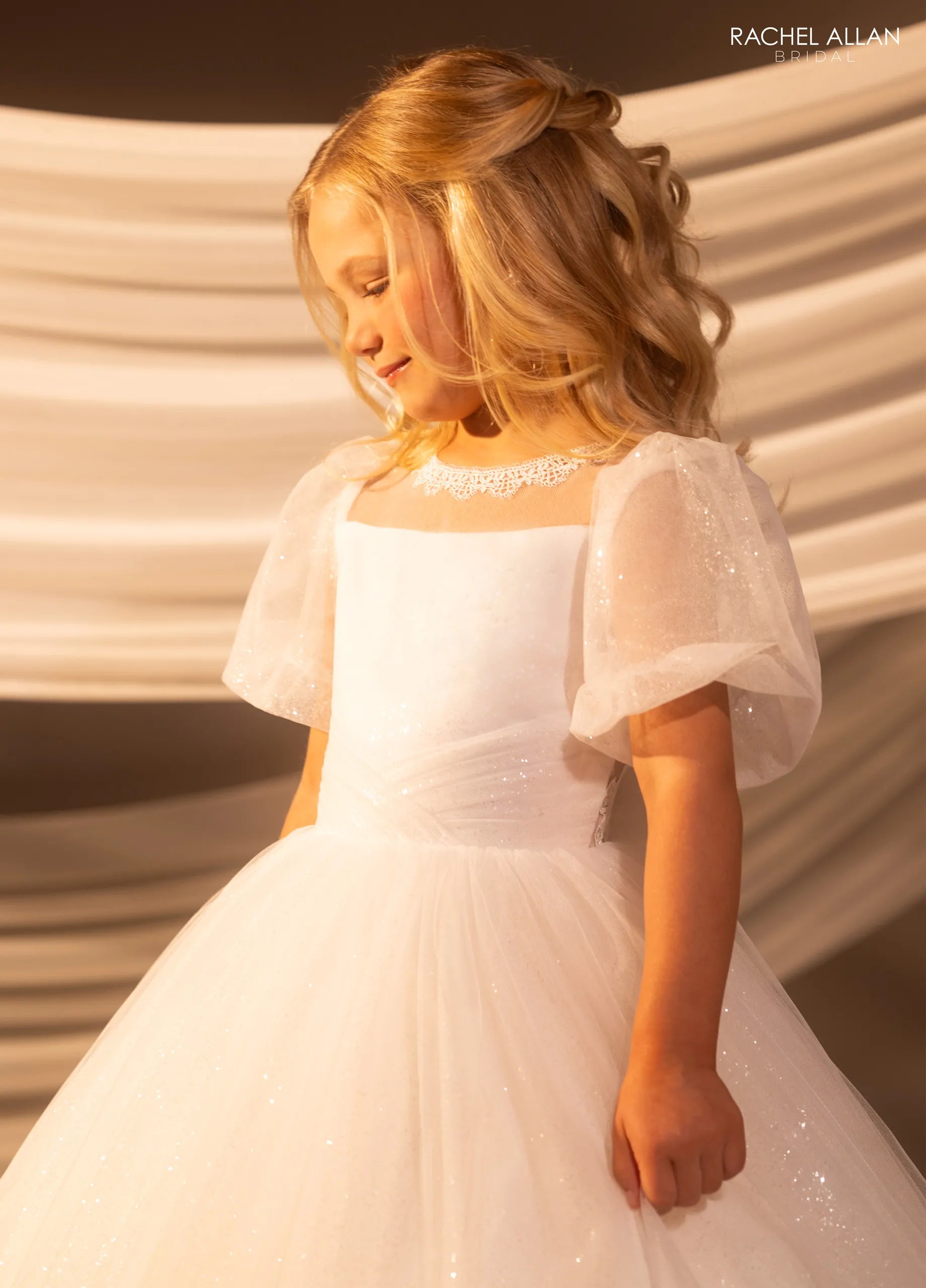 Ivory Nude Square Neck Floor-Length Glitter Tulle Wedding Flower Girl Dress with Puff Sleeves Rachel Allan RB9188