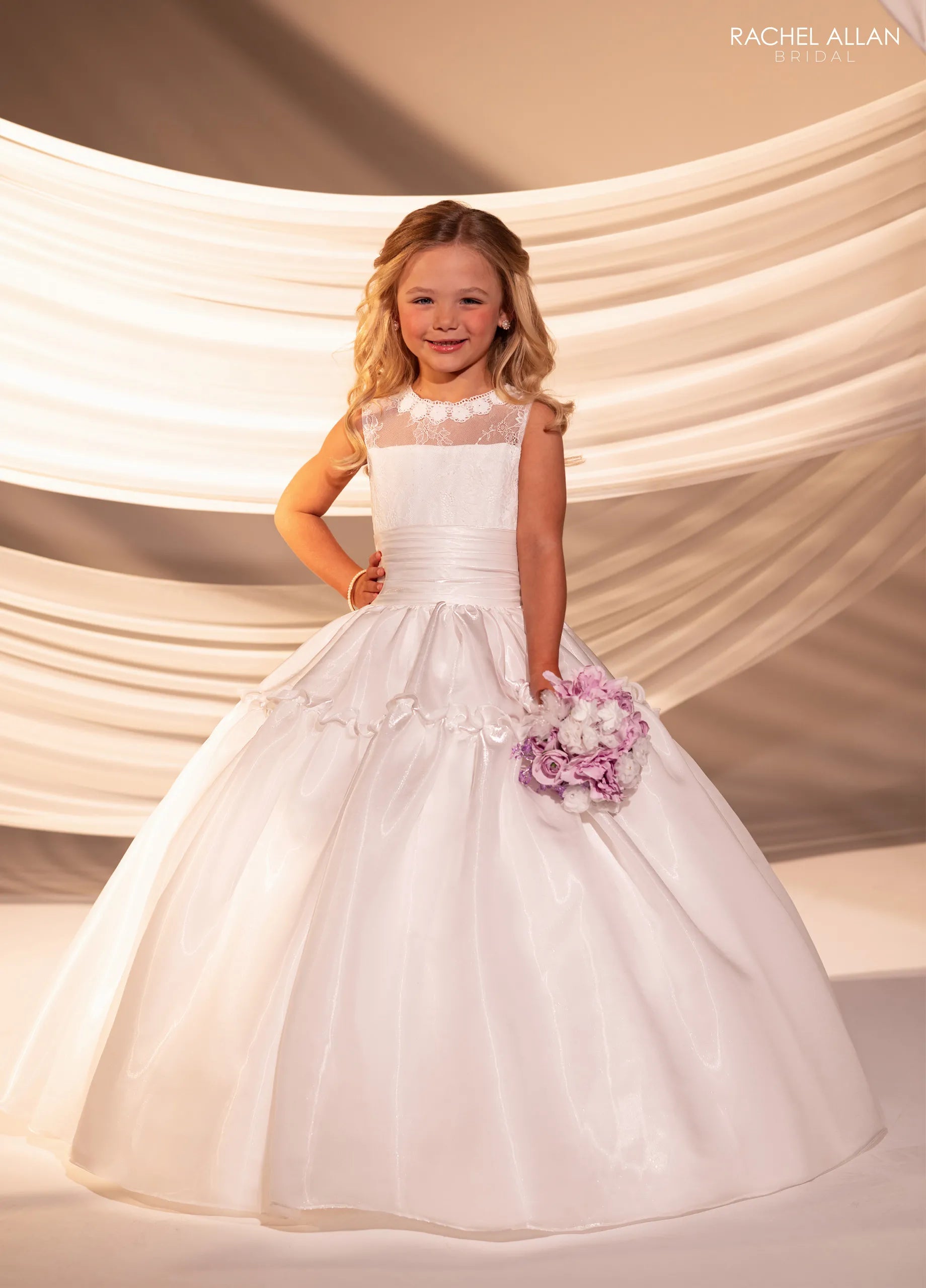 Ivory Illusion Neck Floor-Length Satin Flower Girl Ballgown with Ruched Waist Rachel Allan RB9182