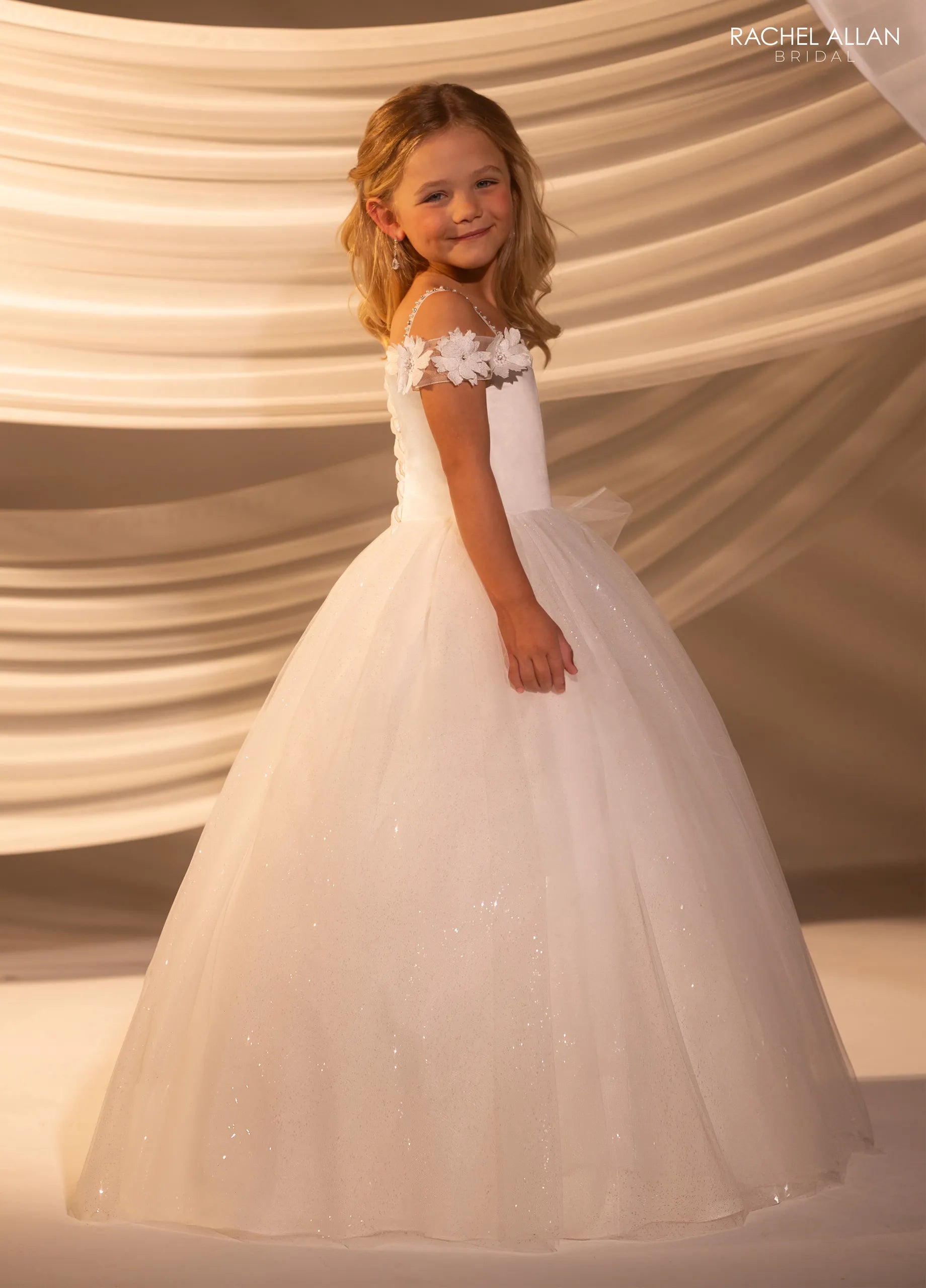 Ivory Nude Off-the-Shoulder Floor-Length Glitter Tulle Flower Girl Ballgown with 3D Floral Straps Rachel Allan RB9186