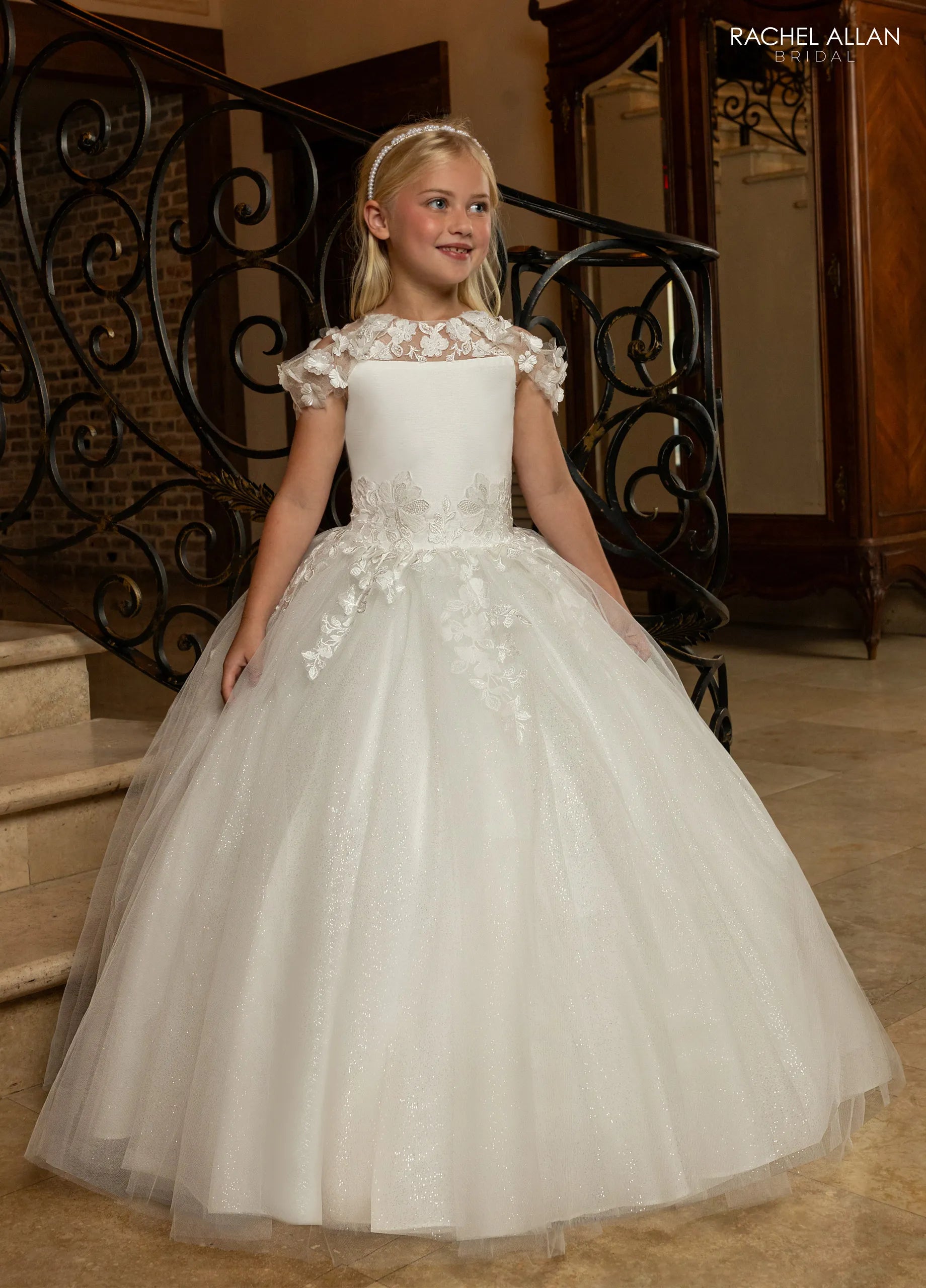 Ivory Nude Off-the-Shoulder Floor-Length Glitter Tulle Wedding Flower Girl Dress with Floral Applique Rachel Allan RB9194