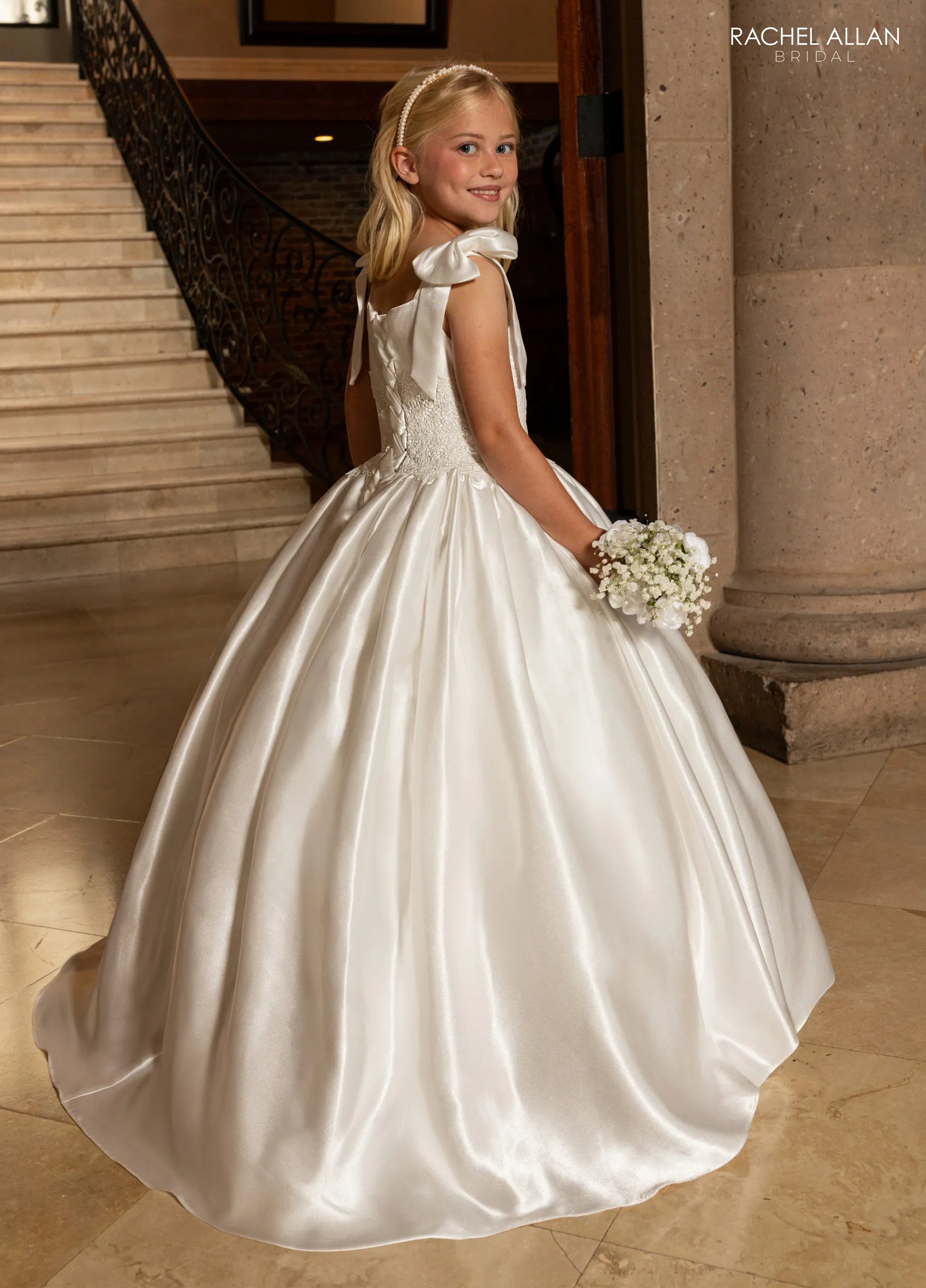 Square Floor-Length Satin Crepe Flower Girl Dress with Lace Bodice and Bow-Tied Straps Rachel Allan RB9198
