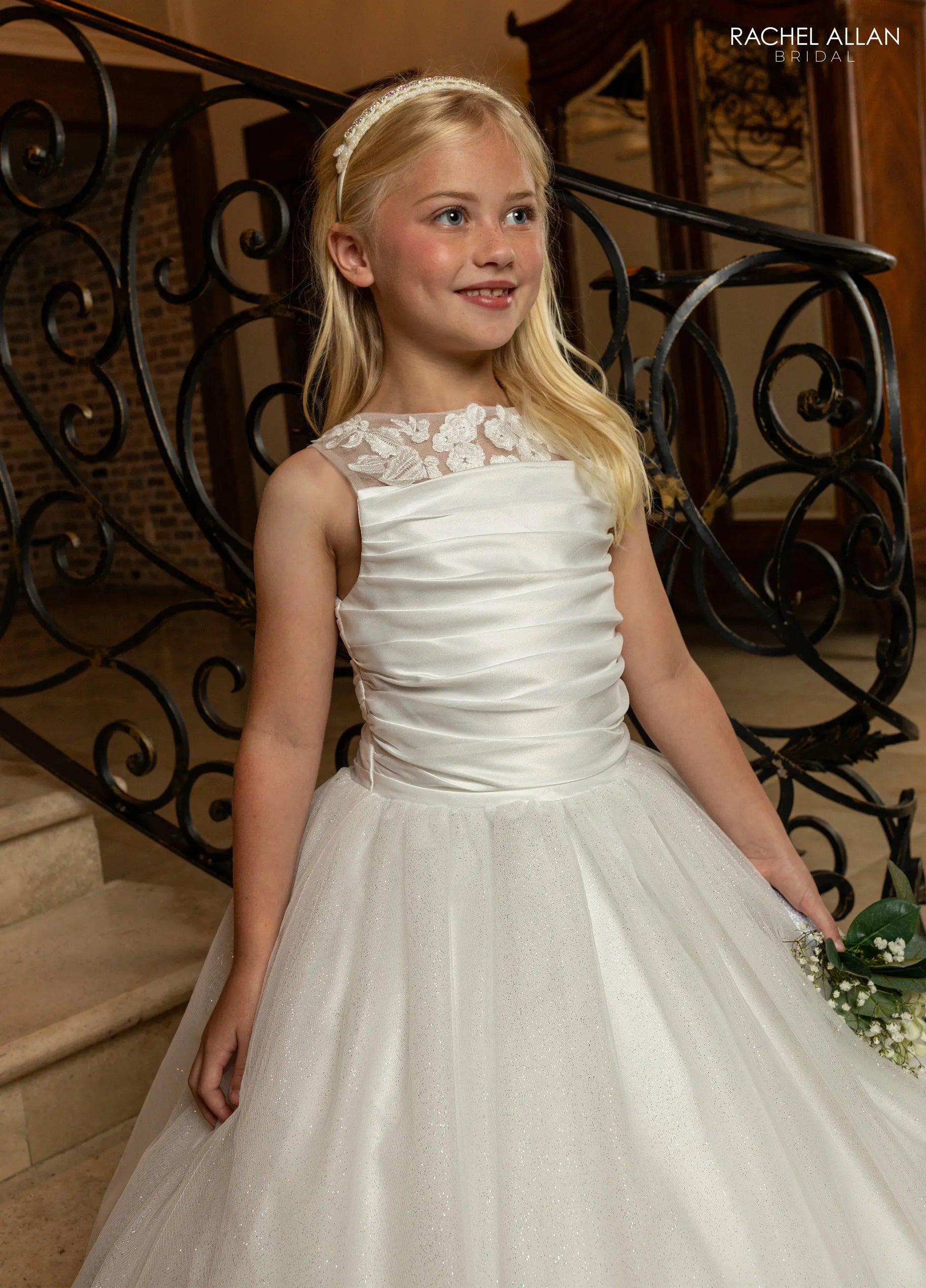 Ivory Illusion Neck Floor-Length Satin and Glitter Tulle Flower Girl Dress with Ruched Bodice Rachel Allan RB9195
