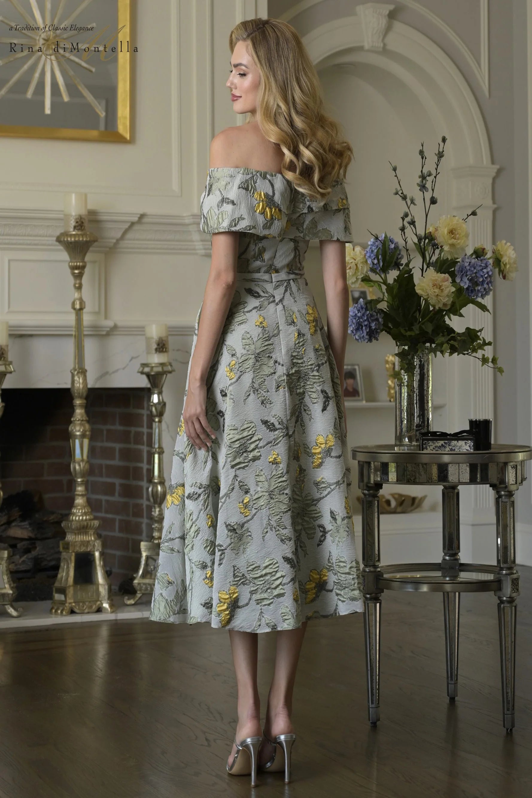 Cocktail Dresses Rina di Montella RD243 Print Tea Length Floral Cocktail Dress Sage Multi