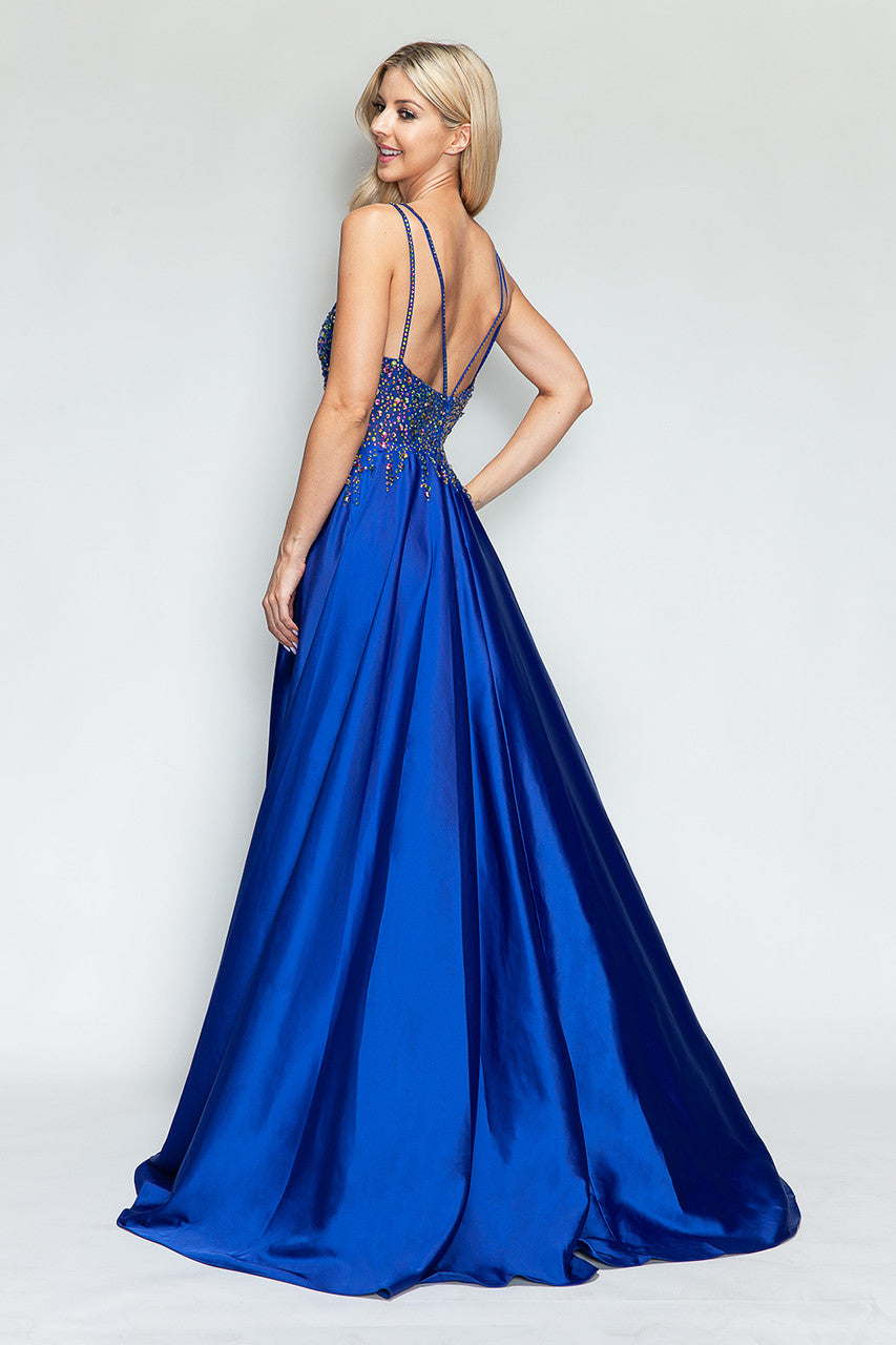 Prom Dresses Slit Prom Long Formal Dress Lenovia 8331 Royal Blue-Satin-8331-Beaded