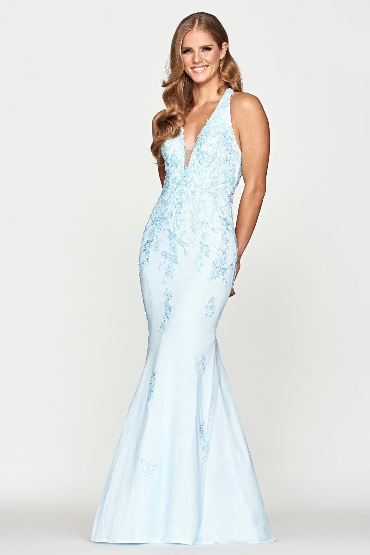 Light Blue Faviana S10635 Long Beaded Formal Mermaid Prom Dress