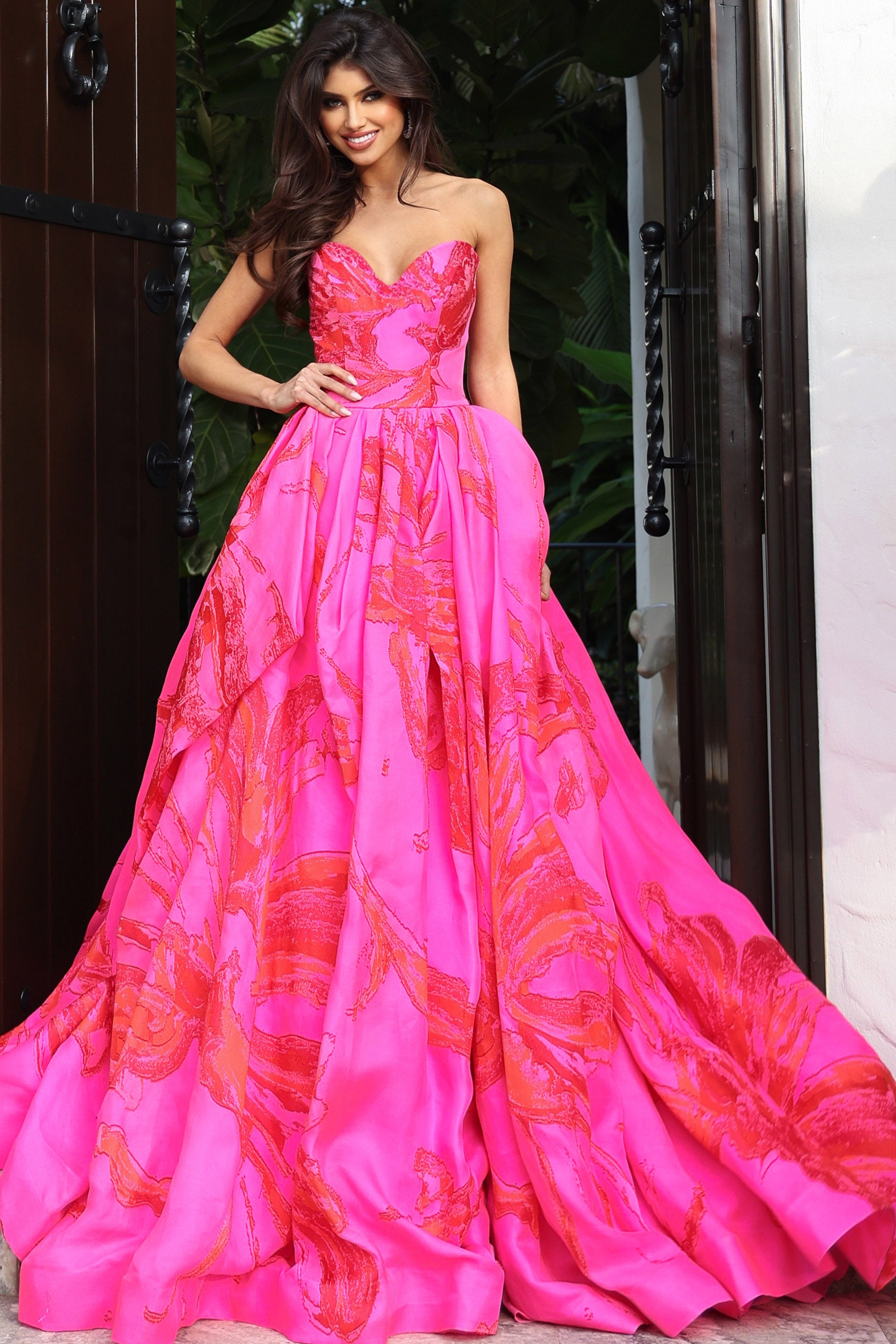 Red/Pink Strapless Floor-Length Printed Taffeta Prom Gown with Dramatic Extended Train Jovani S40409